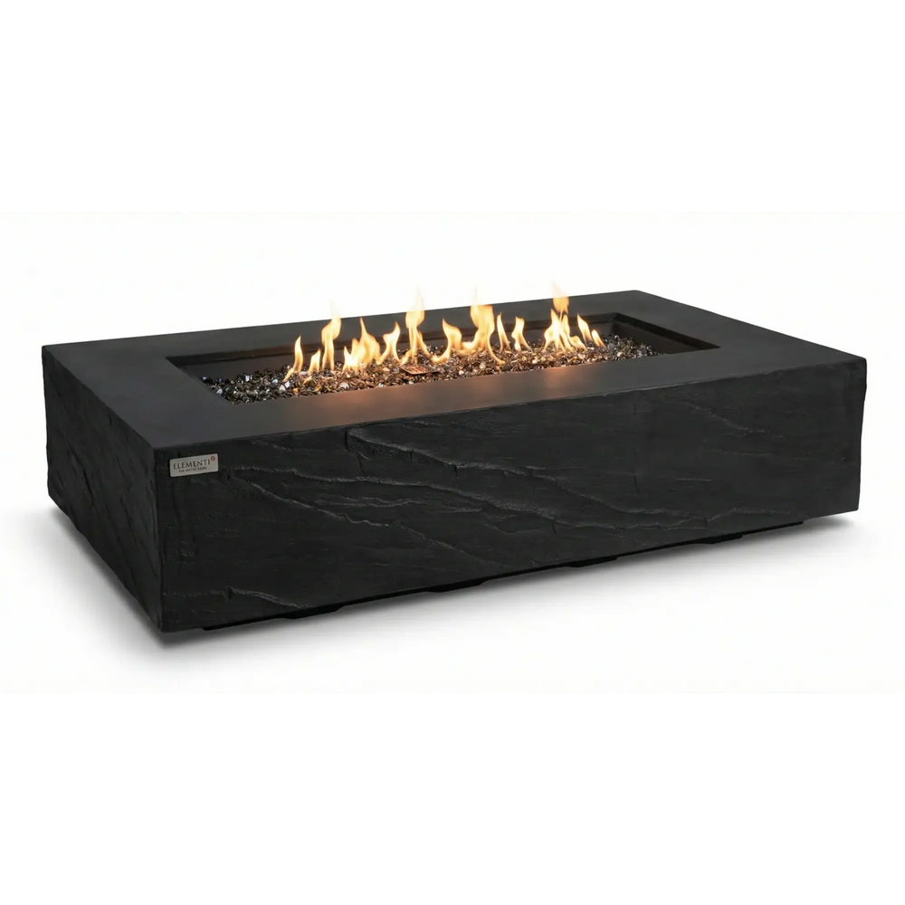 Elementi Plus Cape Town fire table with vibrant flames — premium concrete linear gas fire pit for backyard entertaining