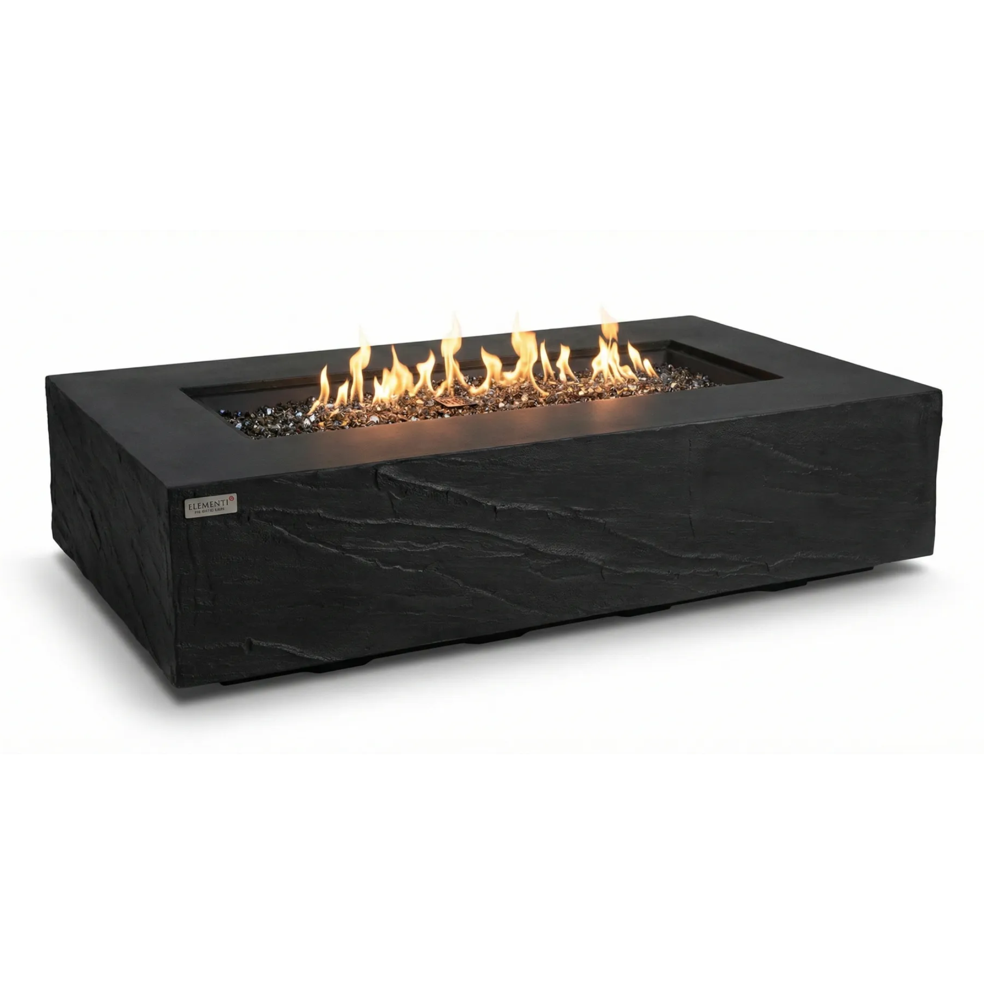 Black rectangular fire pit with flames on a white background