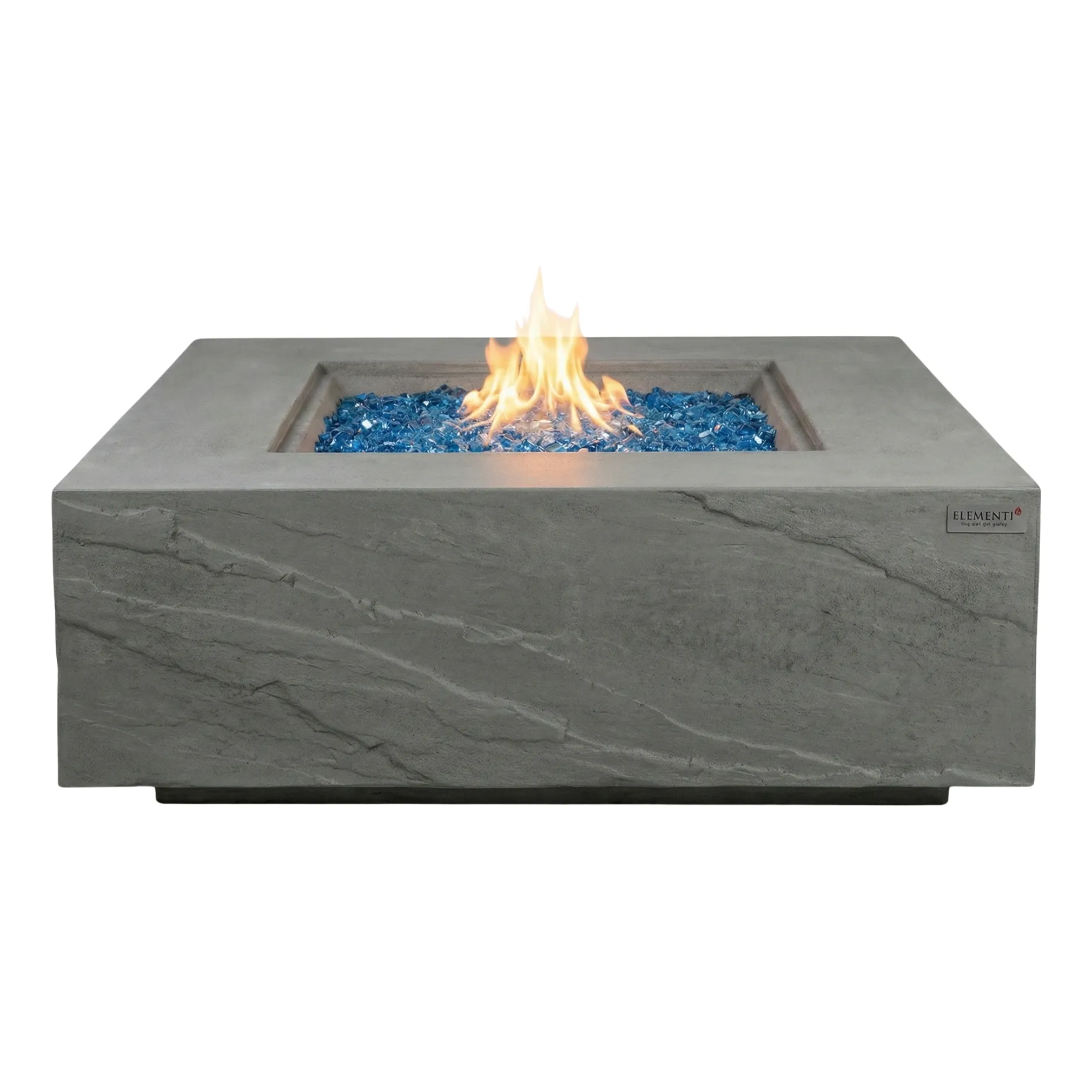 Fire pit table with flames and blue glass stones on a white background
