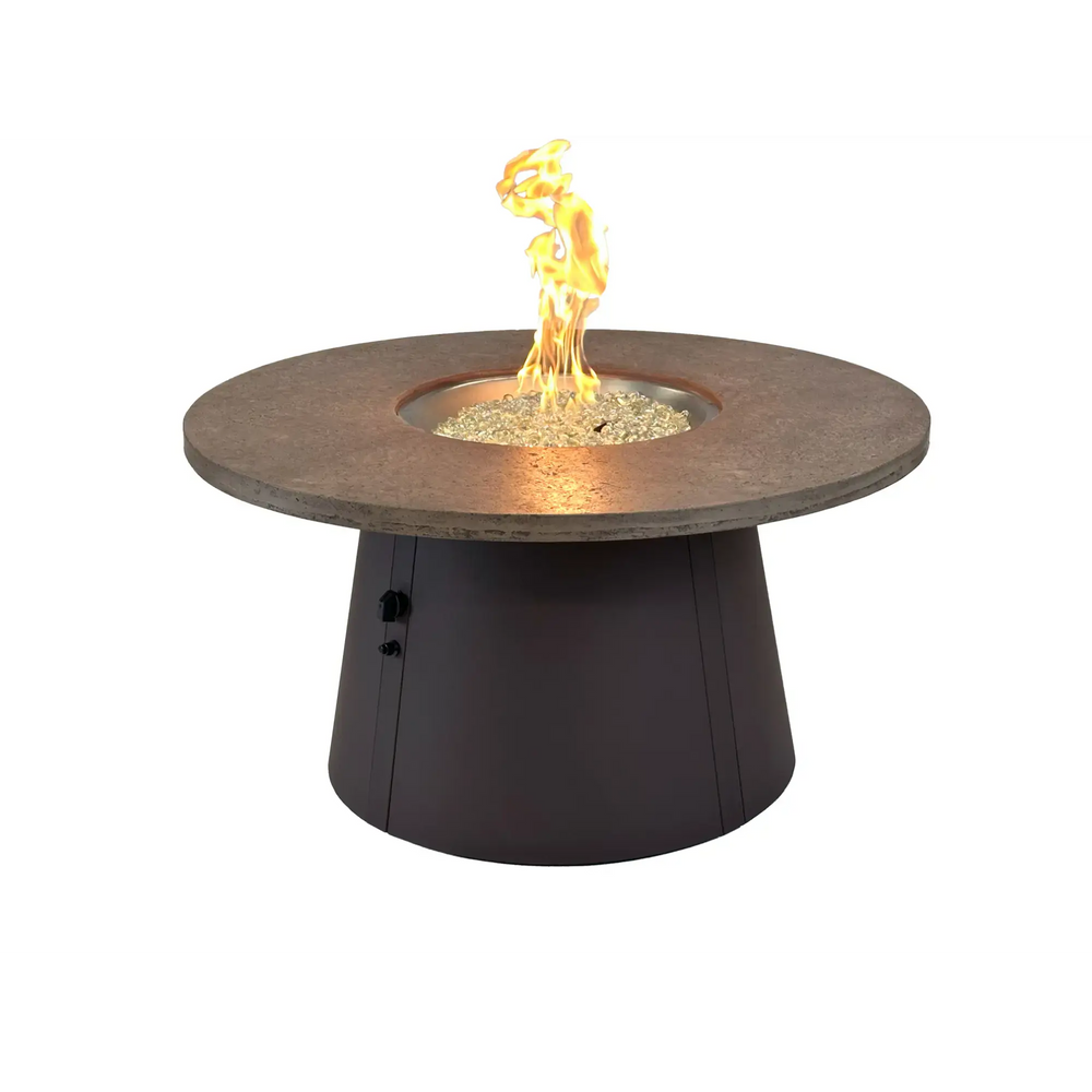 48-inch round fire pit table with golden flame — a circular gas fire pit table for intimate outdoor seating areas