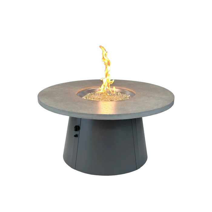 Round 48-inch propane powered fire pit with vibrant flames — large circular gas fire pit ideal for outdoor entertaining and seating areas
