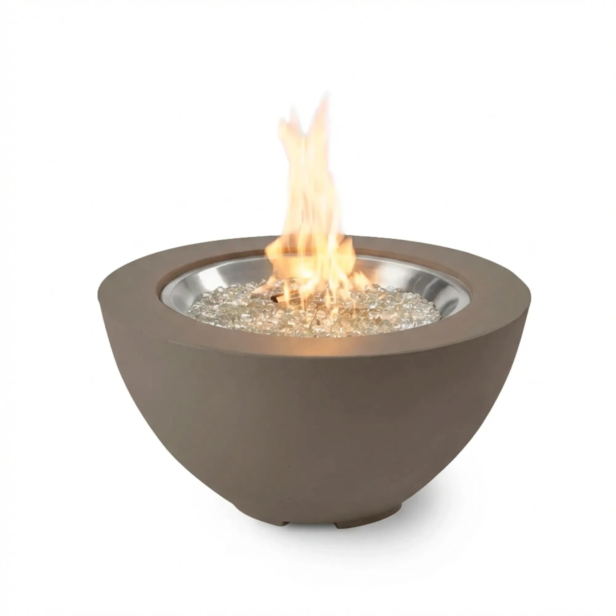 Bowl-shaped fire pit with flames on a white background
