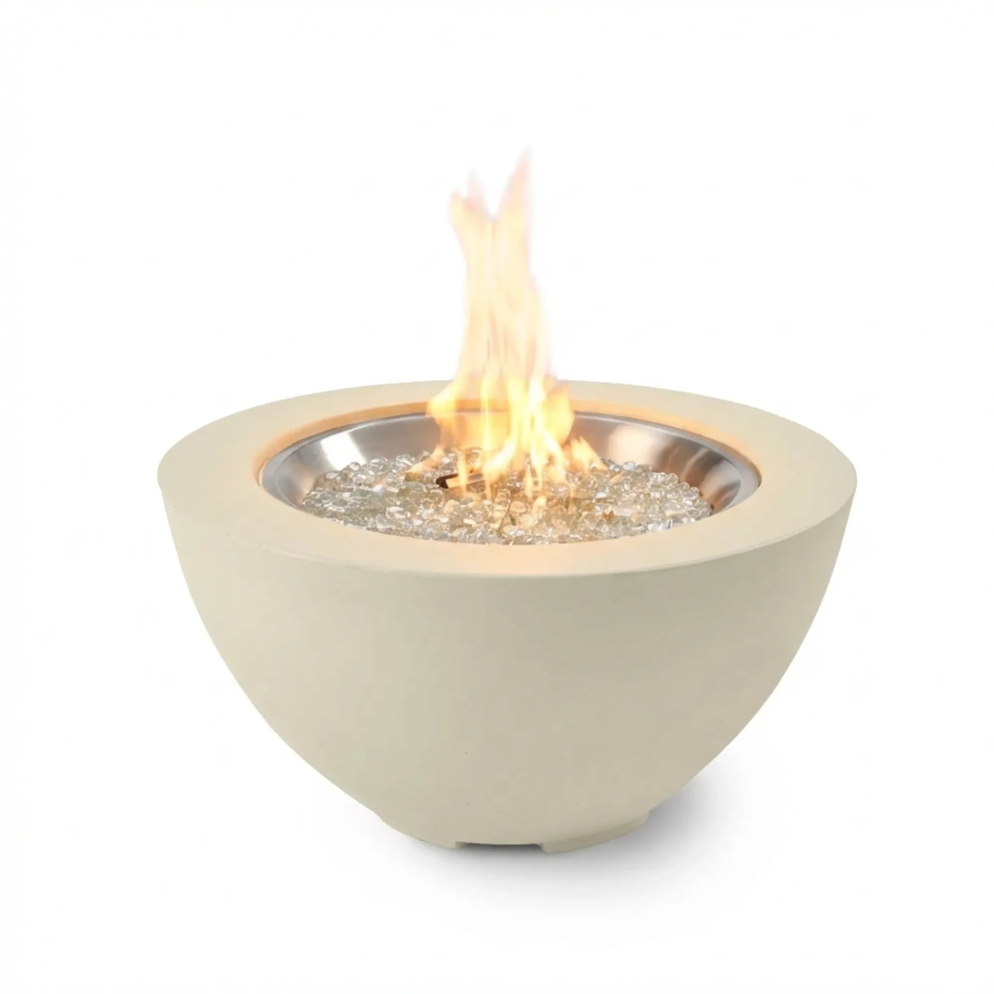 Bowl-shaped fire pit with flames on a white background