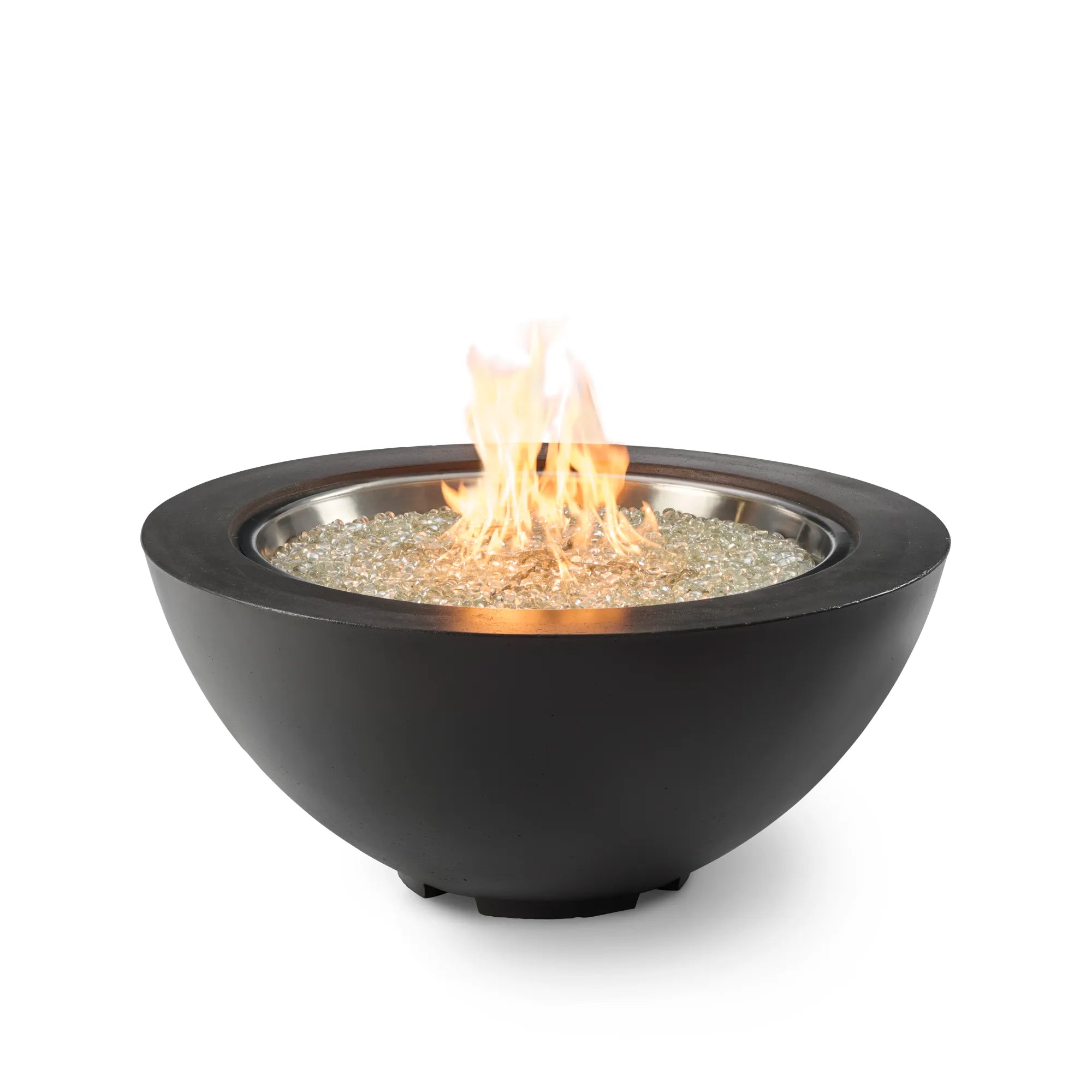 Black fire pit bowl with flames on a white background
