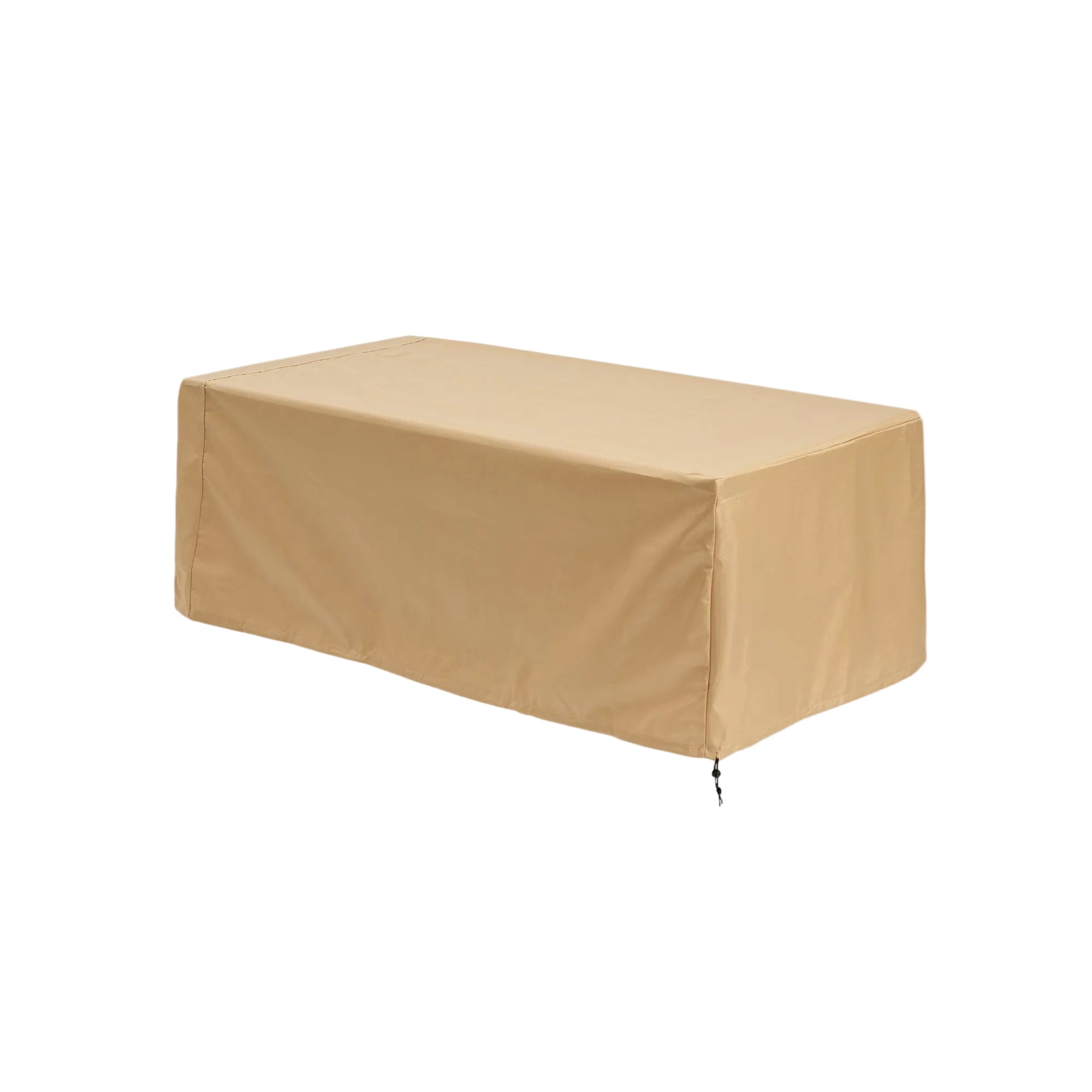A beige, rectangular fire table protective cover with a draw string cord around the bottom.