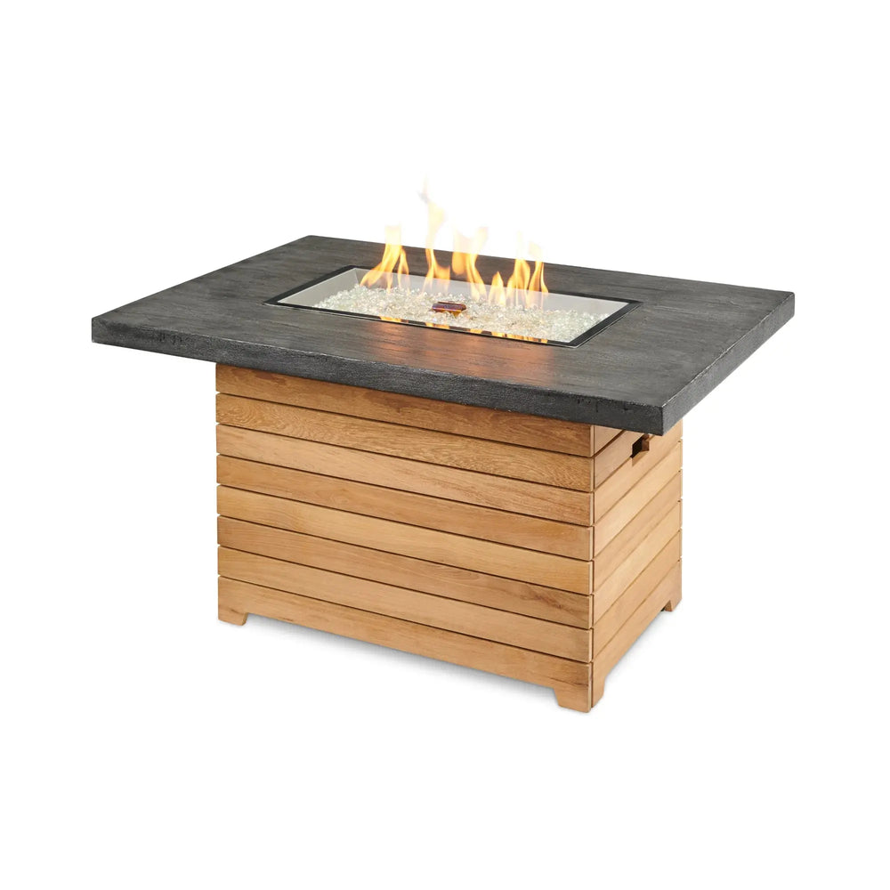 Linear rectangular fire pit table with flame — a modern narrow fire pit table designed for slim patios and outdoor dining areas
