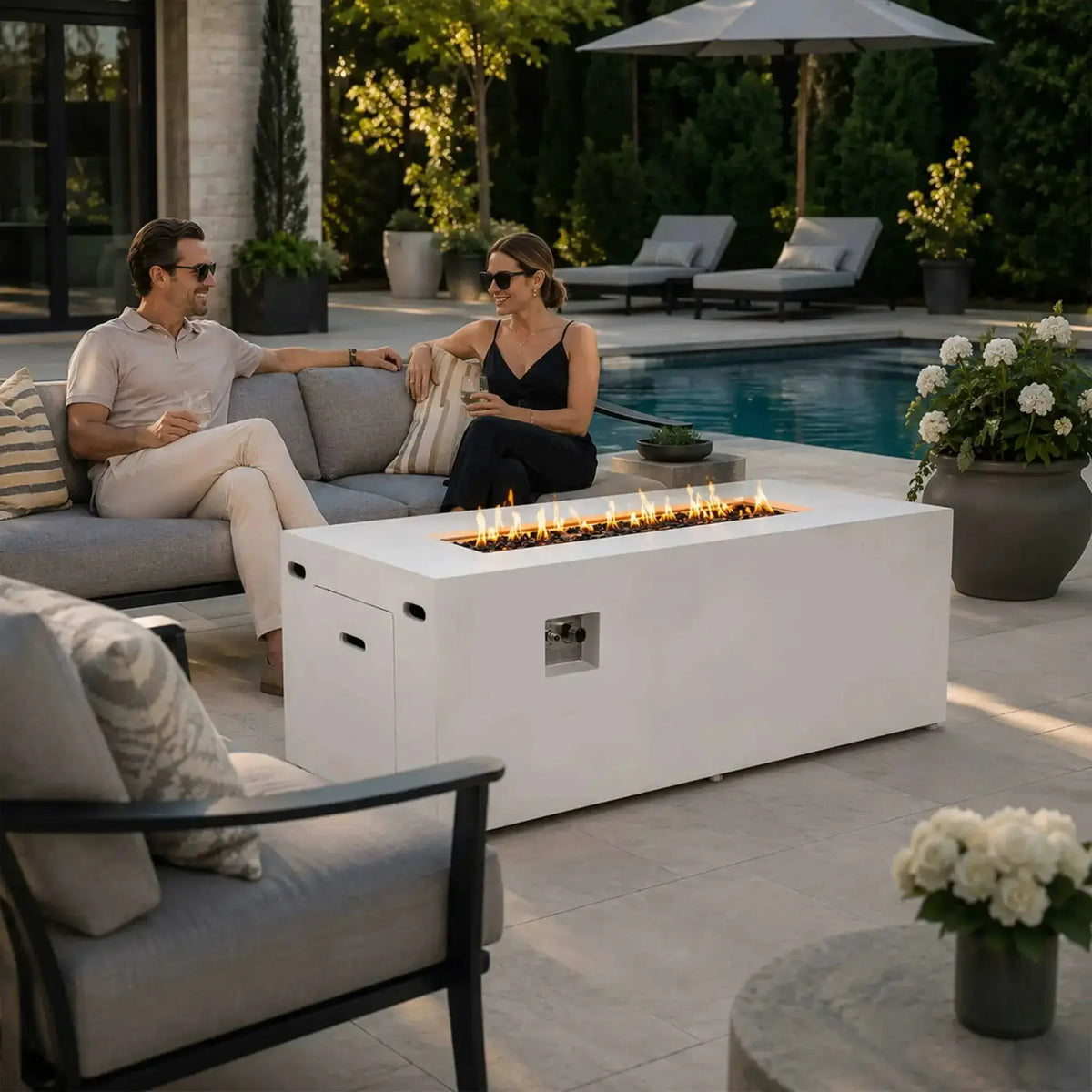 Refuge 68″ x 30″ Rectangular GFRC Concrete Propane Fire Pit with Hidden Tank Drawer – Flame Havens Flame Havens