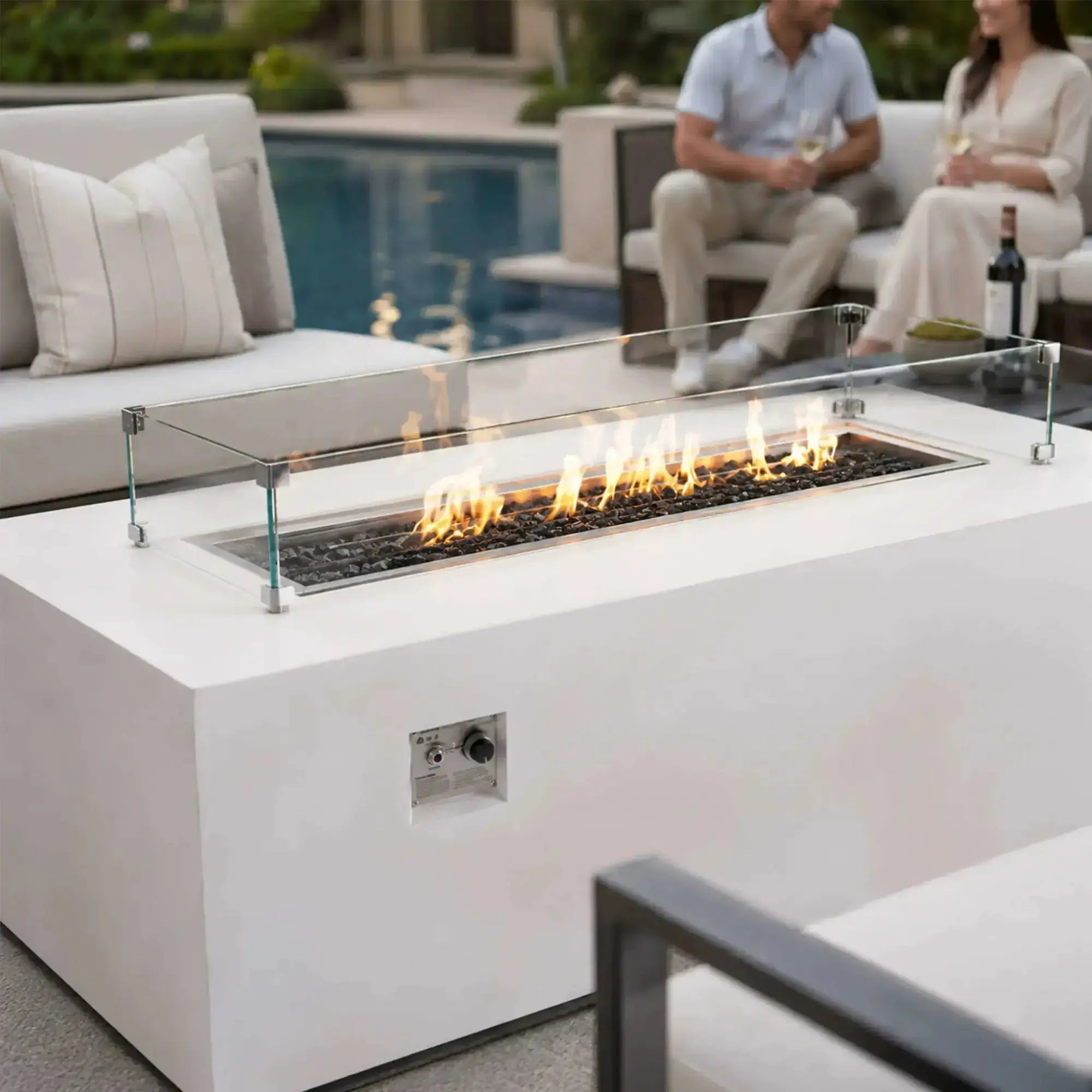 Refuge 68″ x 30″ Rectangular GFRC Concrete Propane Fire Pit with Hidden Tank Drawer – Flame Havens Flame Havens