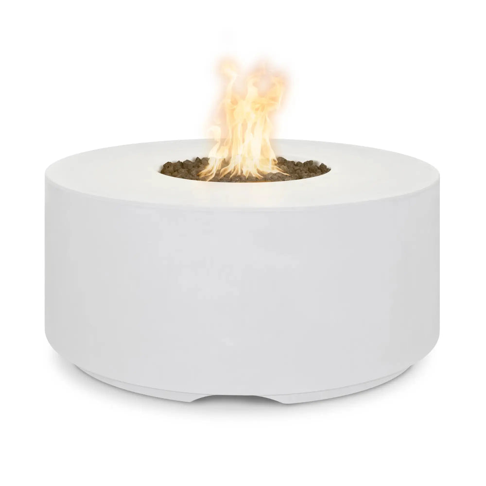 Florence 46-inch GFRC concrete fire pit table in limestone finish — rectangular concrete fire pit table with natural stone-look finish