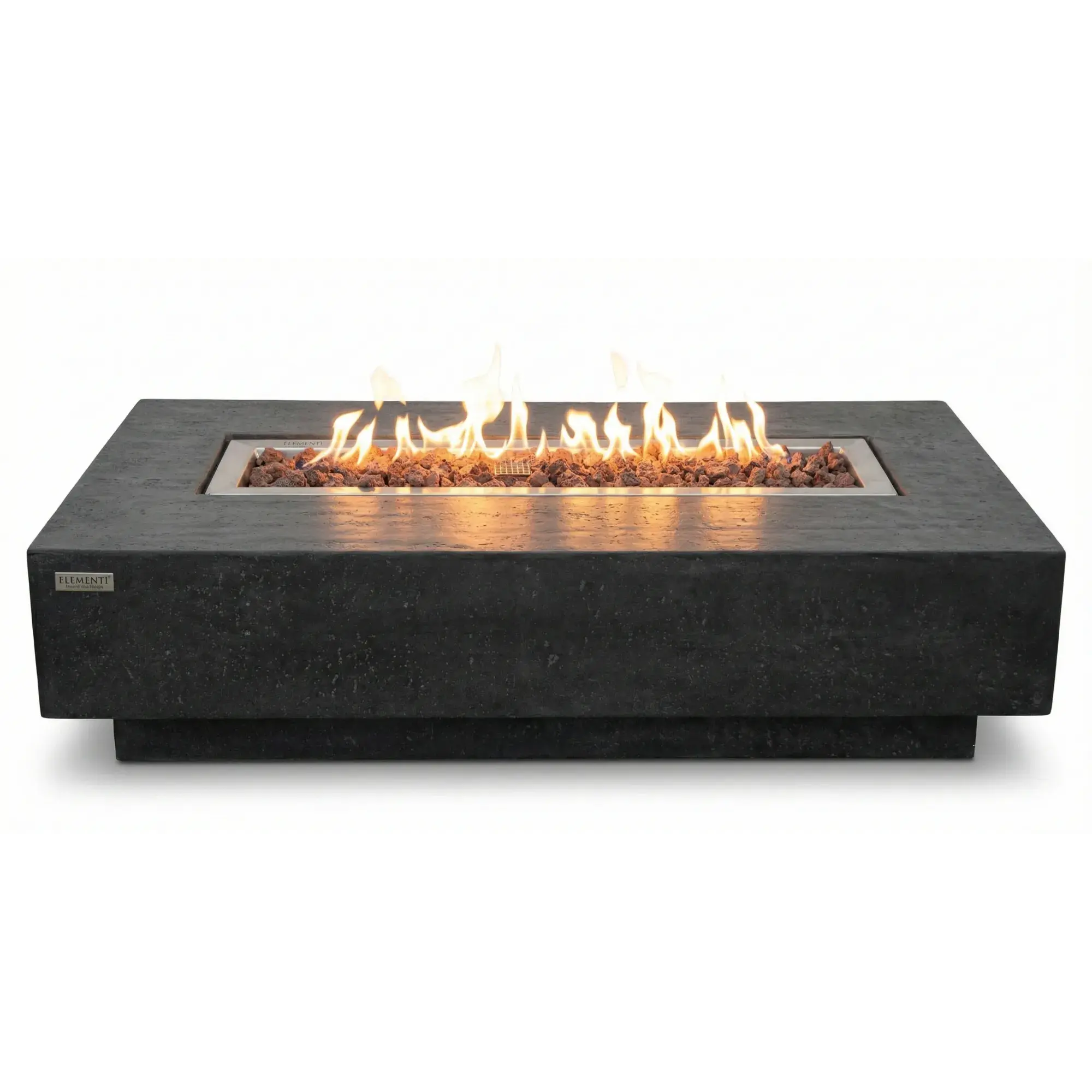 Rectangular fire pit table with flames on a white background