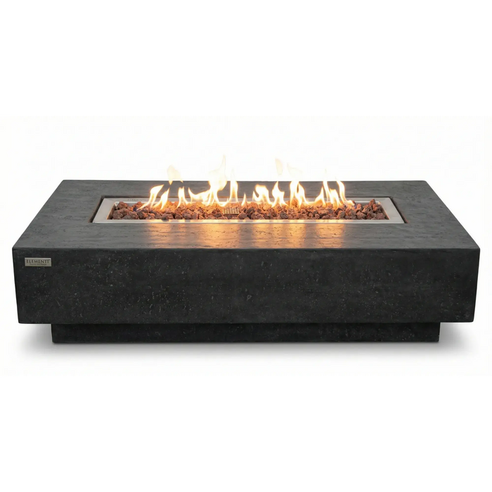 Elementi Hampton rectangular fire pit table in dark gray with vibrant flames — premium concrete fire table