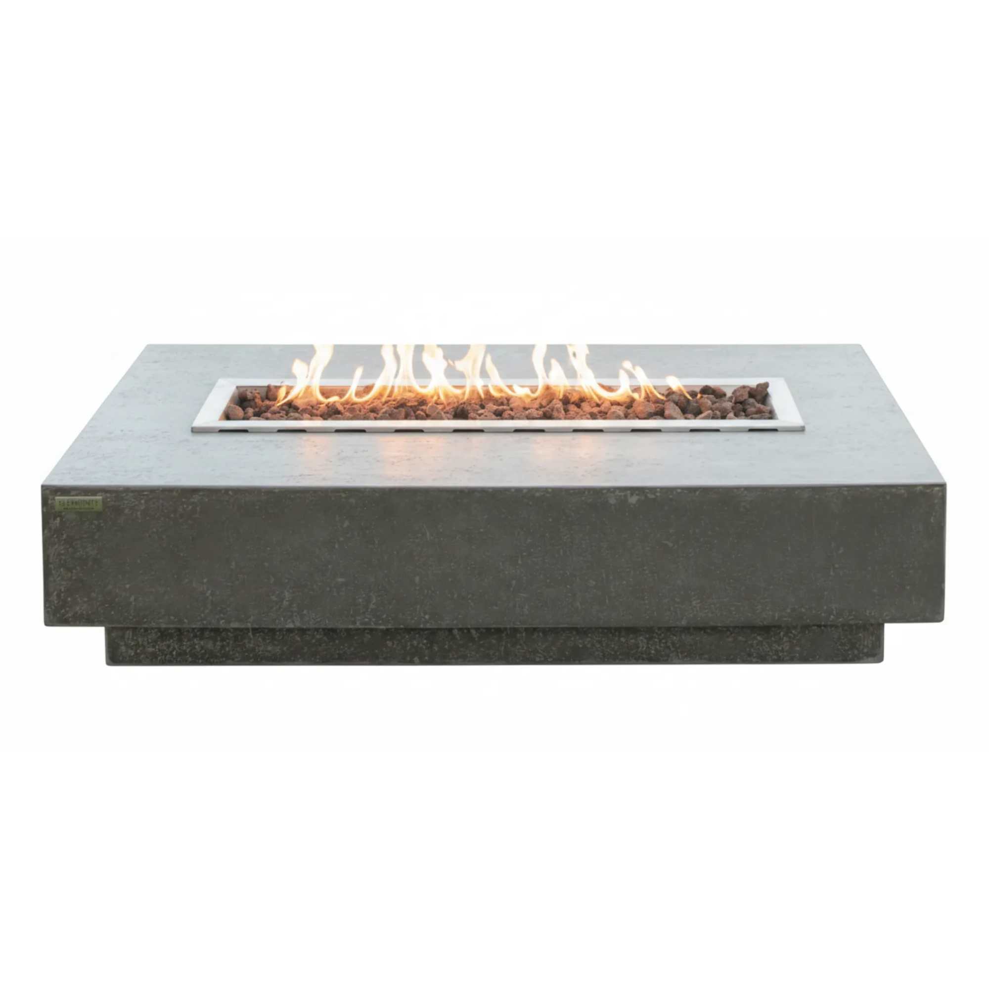 Modern outdoor fire pit table with flames on a white background