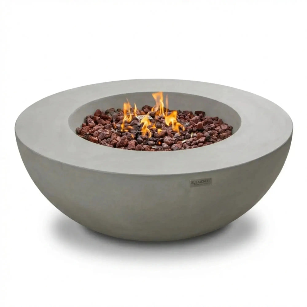 Elementi Lunar Bowl in light gray — sculptural round GFRC concrete fire pit bowl for modern outdoor spaces