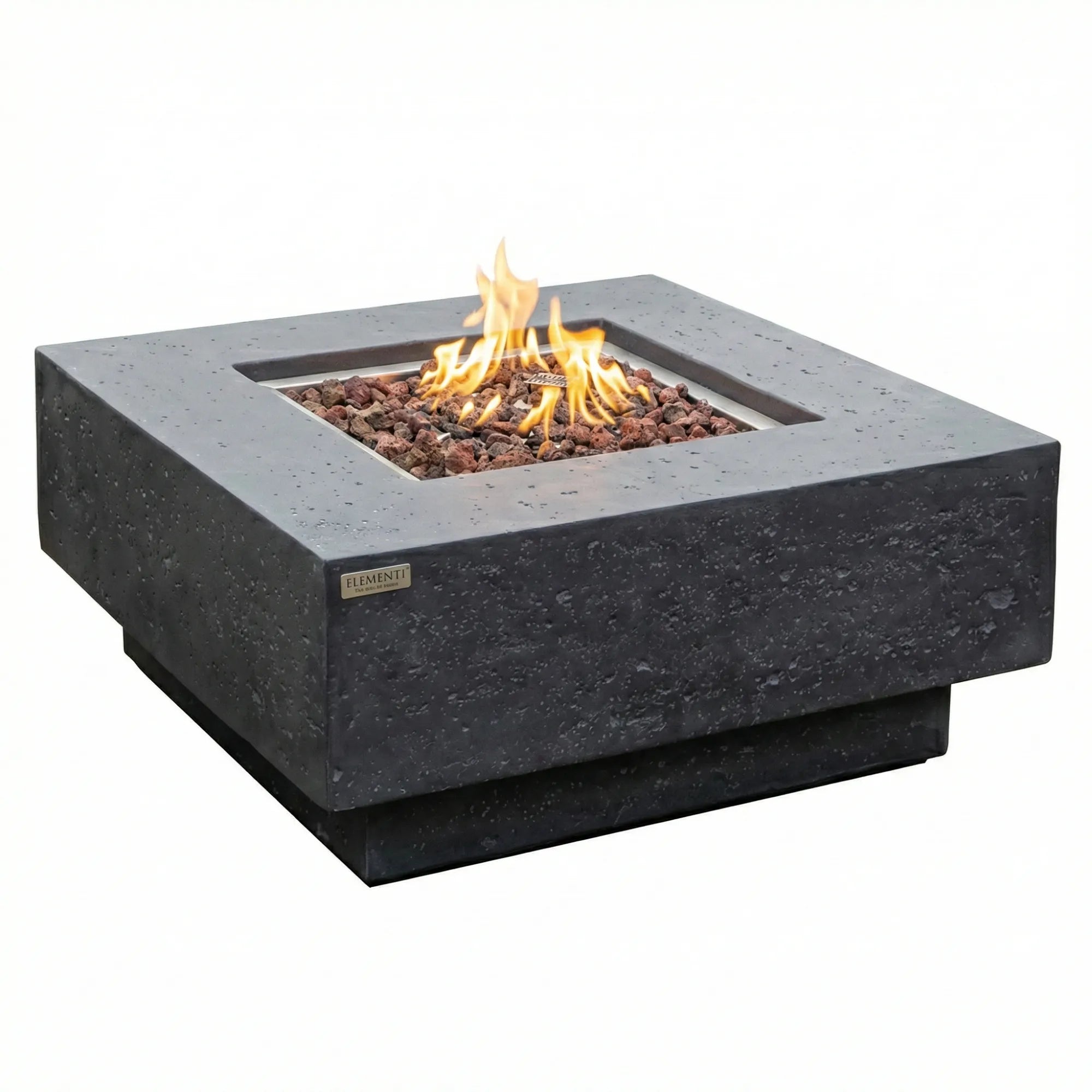 Square concrete fire pit table with flames on a white background