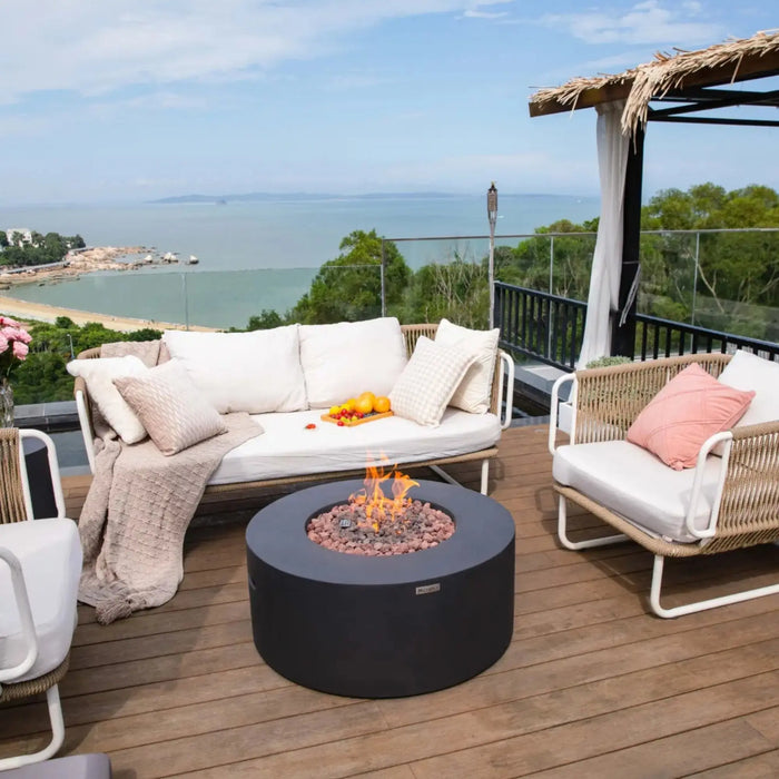 Elementi Venice compact concrete fire pit table — small GFRC concrete fire pit for intimate outdoor spaces