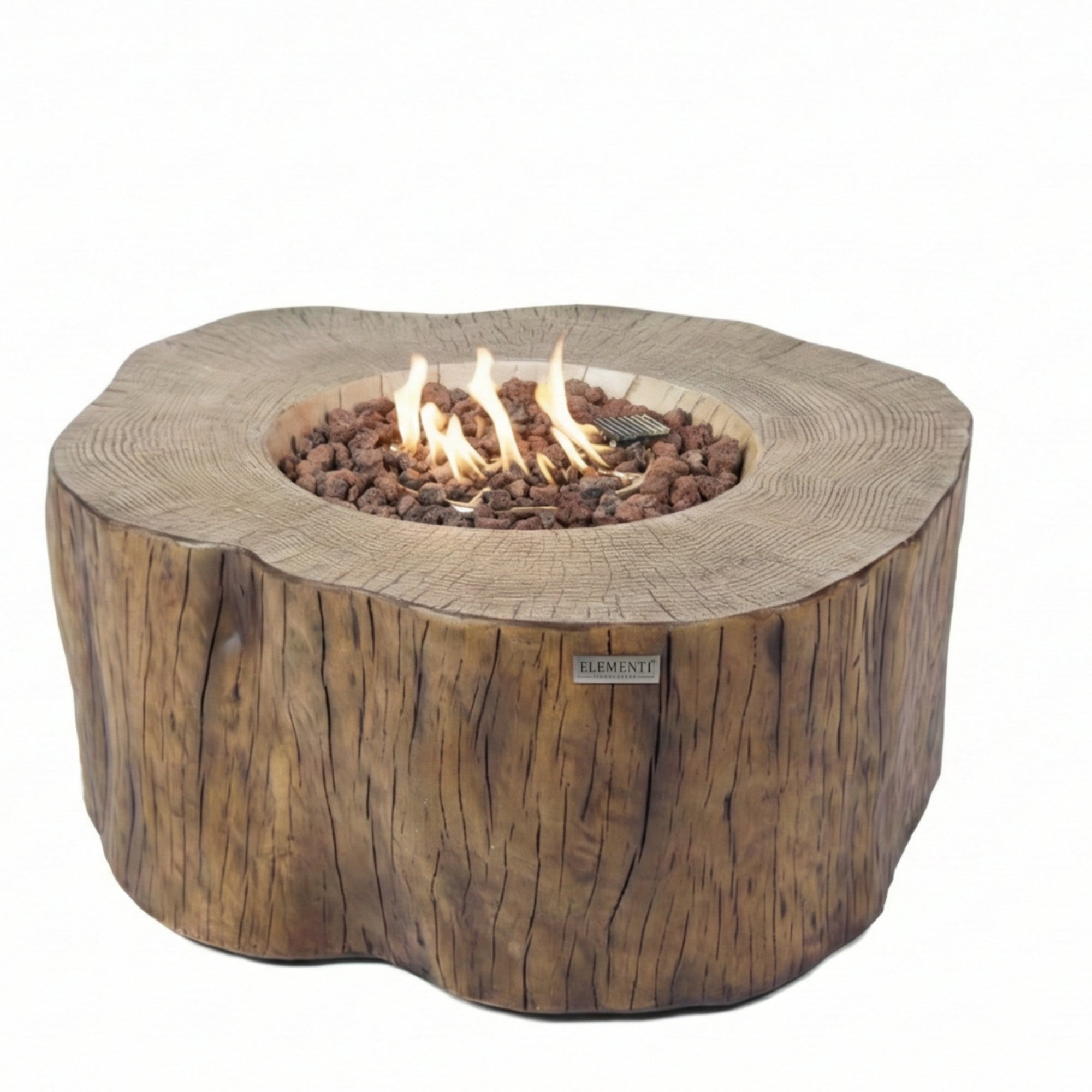 Wooden fire pit table with flames on a white background