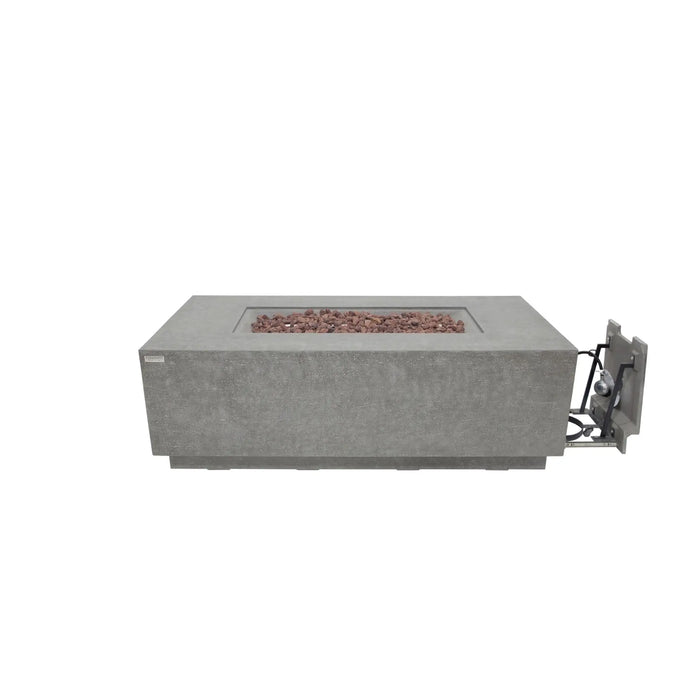 Elementi Andes rectangular fire table with hidden tank storage in light grey — 66-inch rectangular concrete fire pit with concealed propane tank compartment for outdoor entertaining