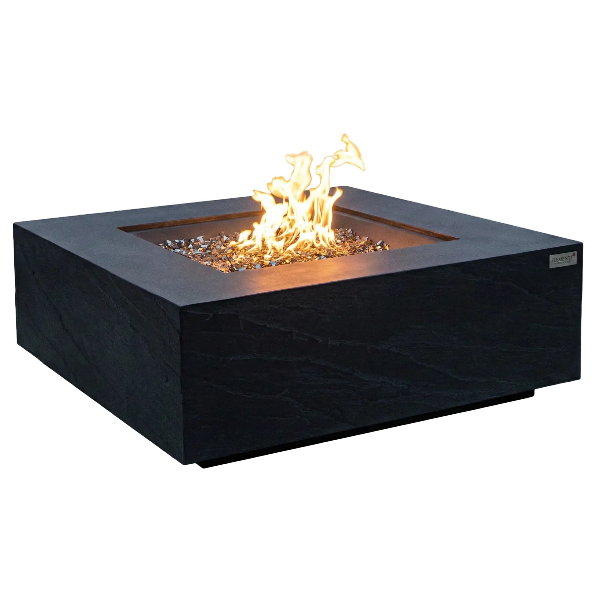 Black fire pit table with flames on a white background