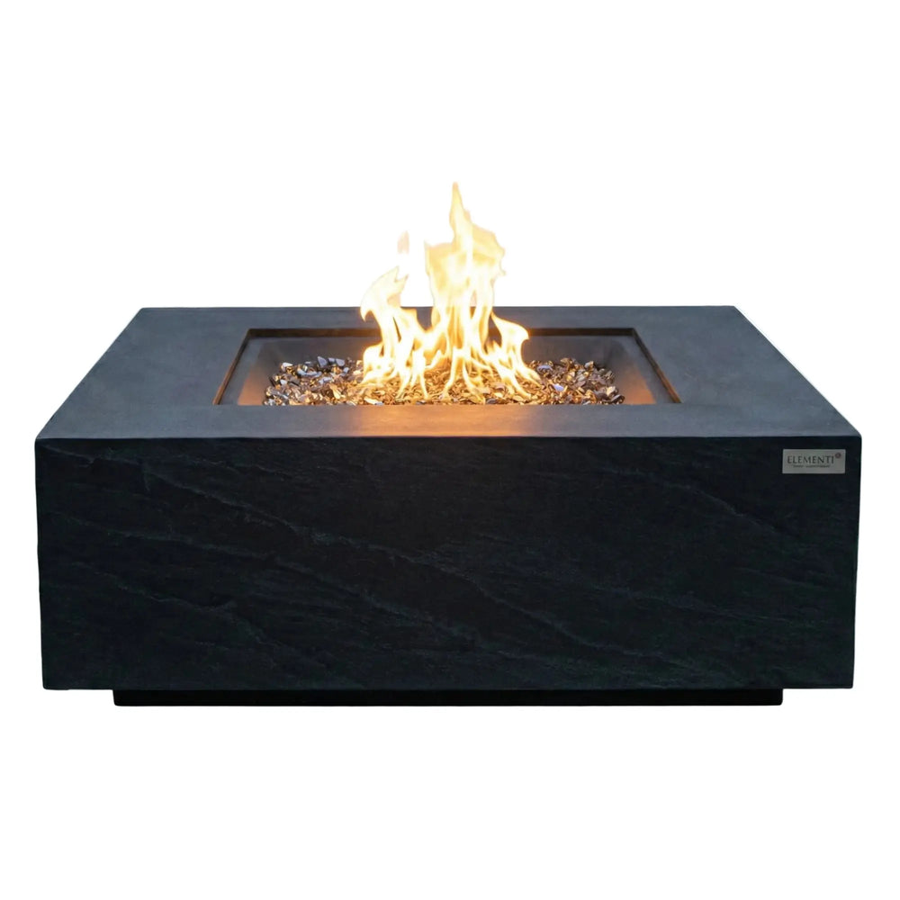 Elementi Plus Roraima concrete fire pit table with vibrant flames — premium GFRC linear fire table with reinforced construction