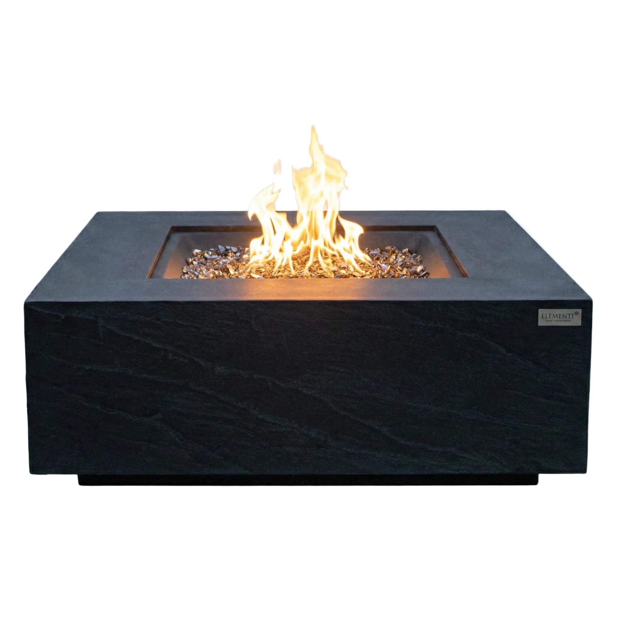 Modern fire pit table with flames on a white background