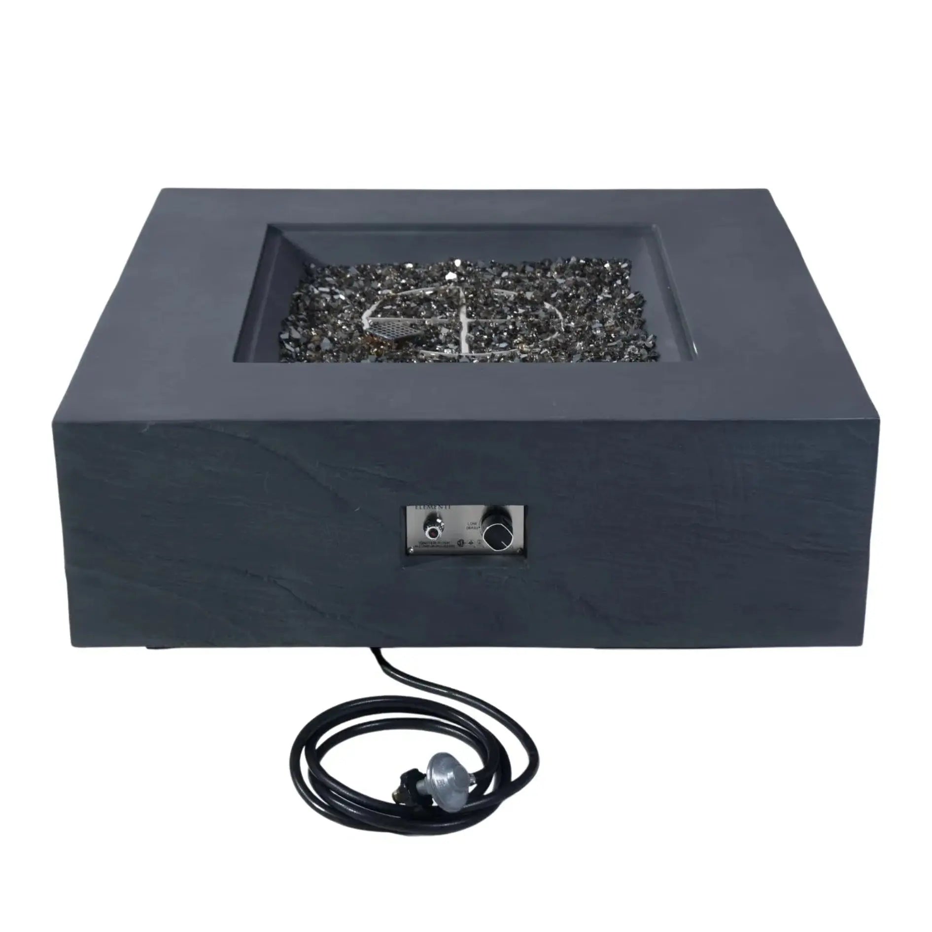 Square fire pit table with decorative stones on a white background