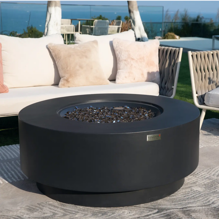 Elementi Nimes square fire pit coffee table in dark grey — modern concrete outdoor fire pit coffee table for contemporary patios