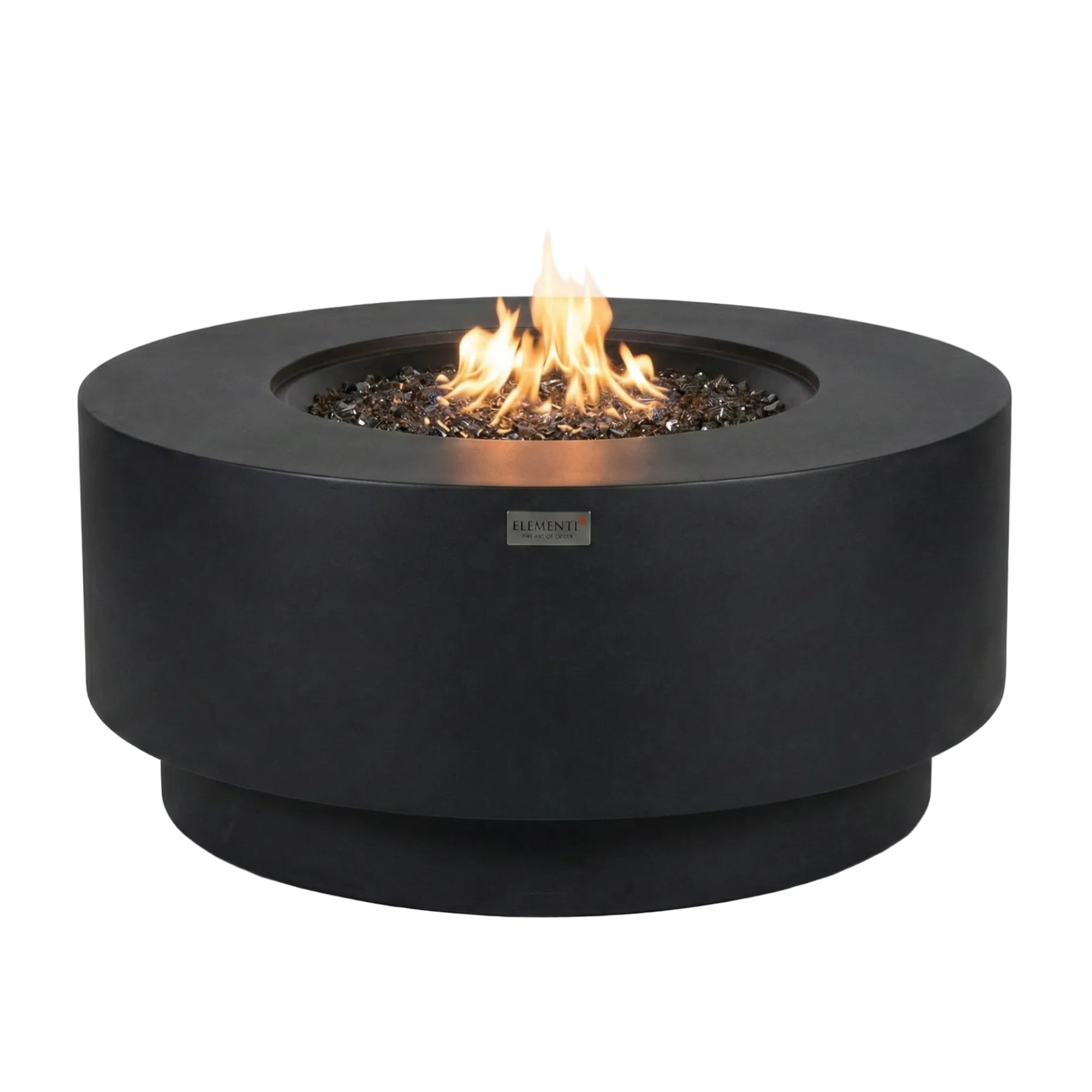 Black fire pit table with flames on a white background
