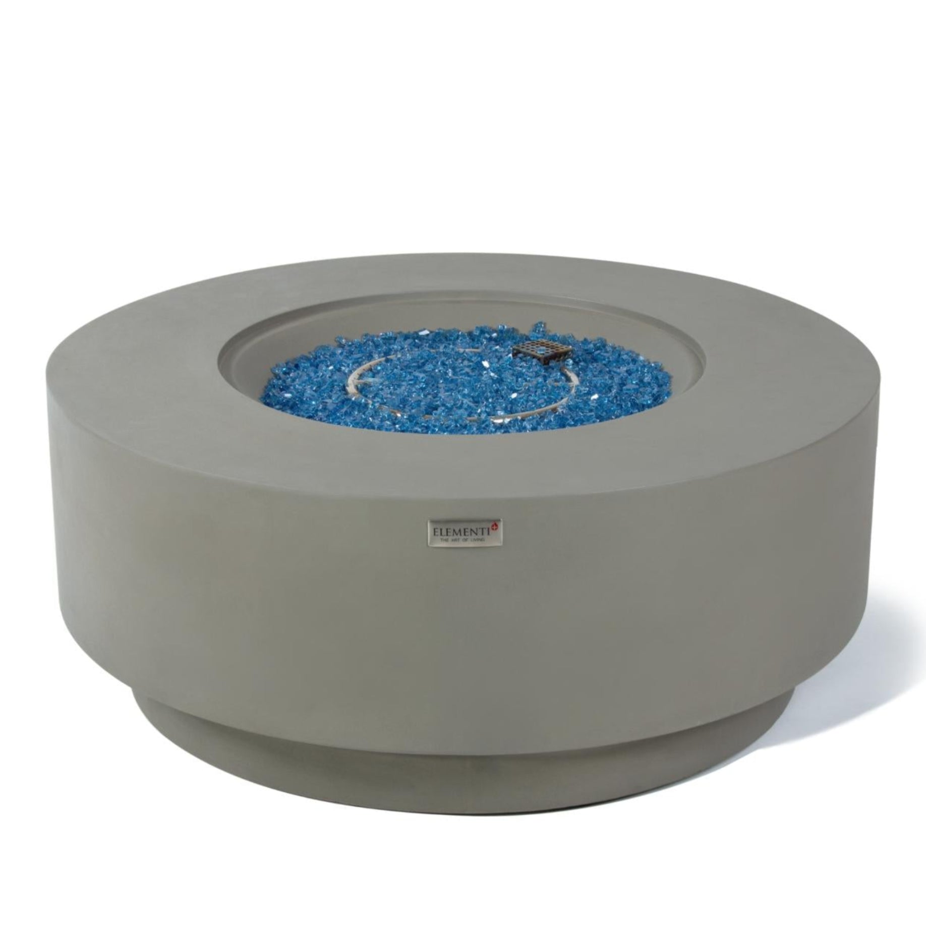 Concrete fire pit with blue glass stones on a white background