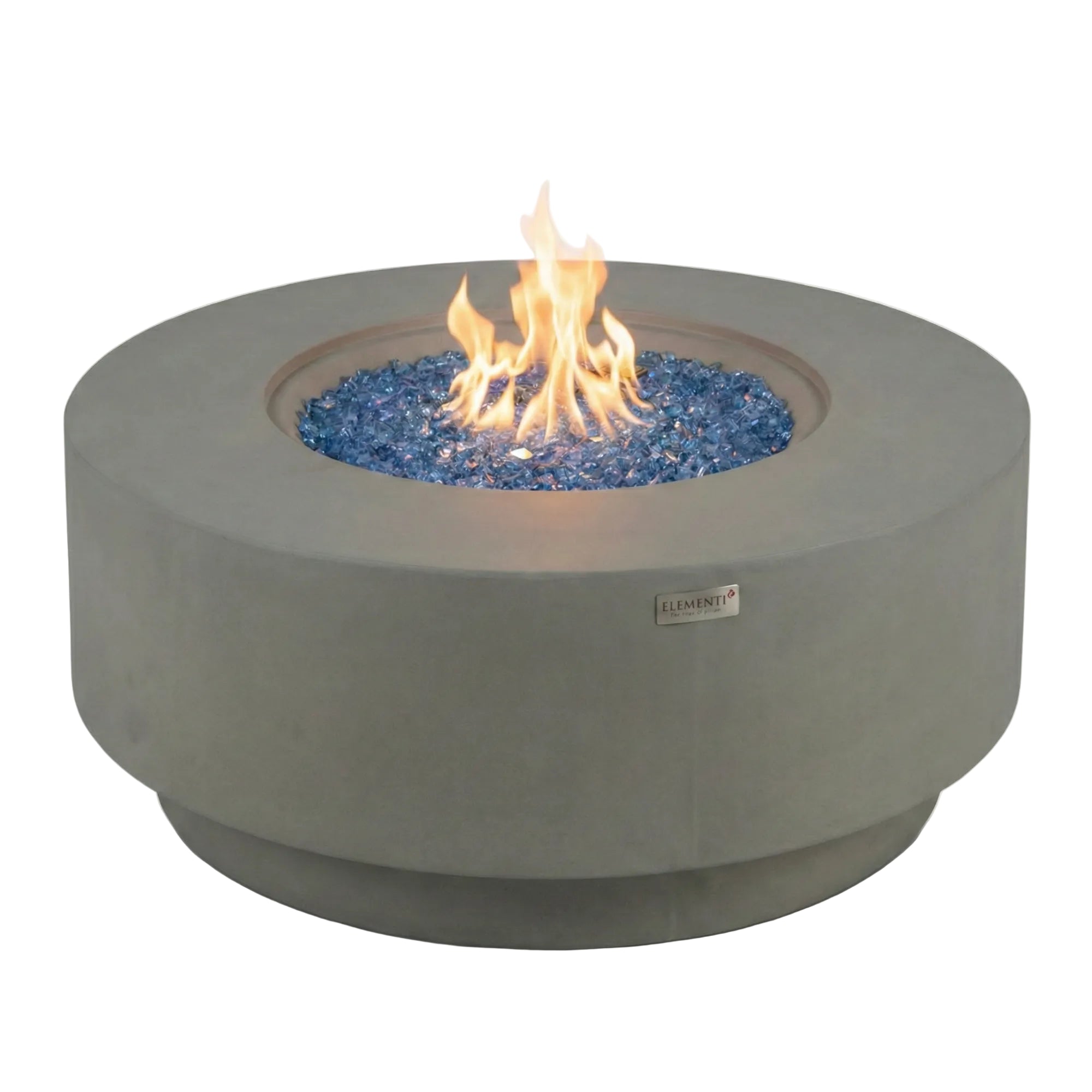 Concrete fire pit table with flames and blue glass stones on a white background