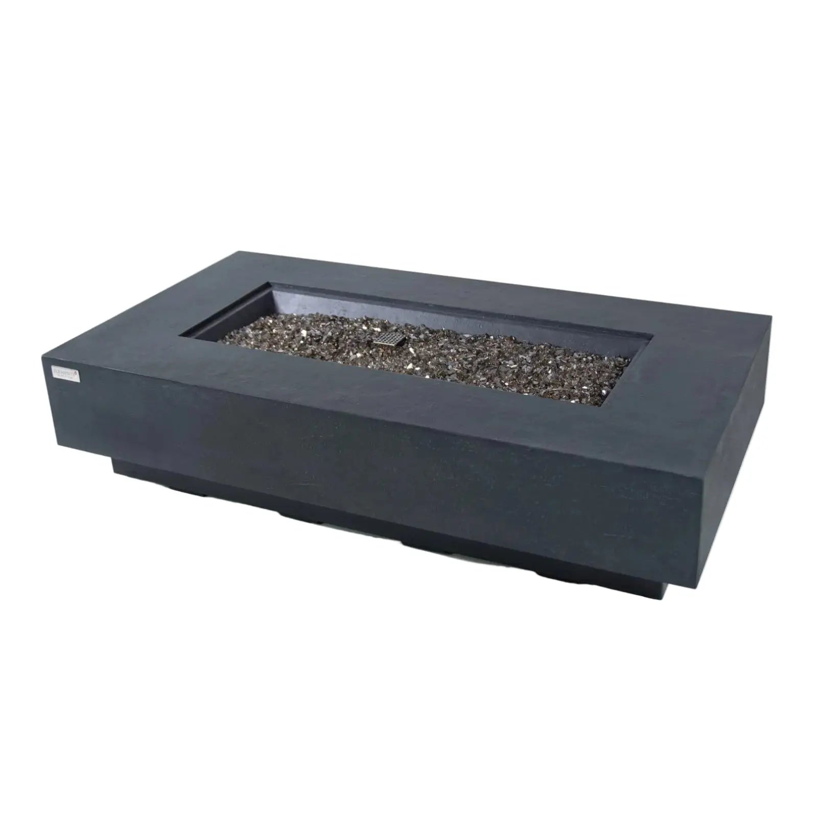 Rectangular fire pit table with a dark concrete finish on a white background