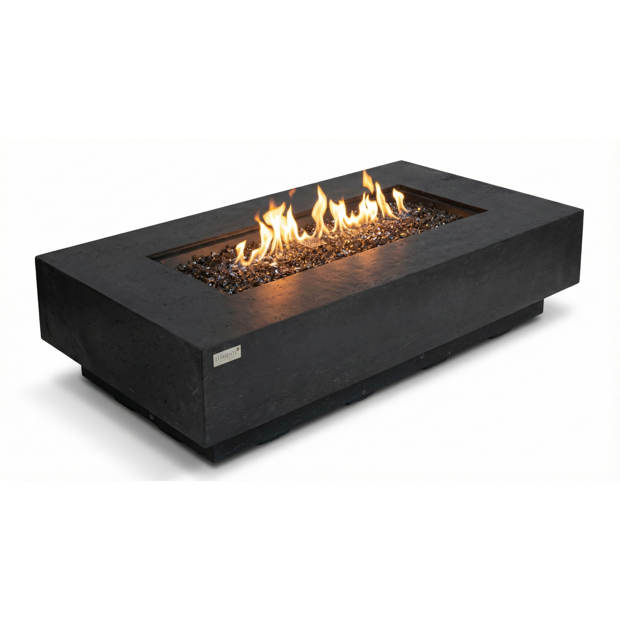 Modern rectangular fire pit table with flames on a white background