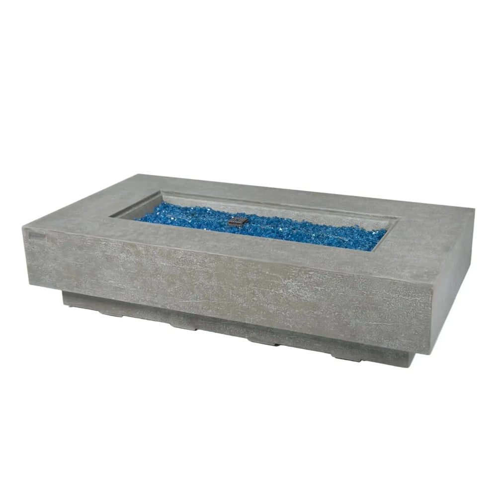 Riviera fire table in light grey — a rectangular gas fire pit table perfect for outdoor entertaining and patio seating areas