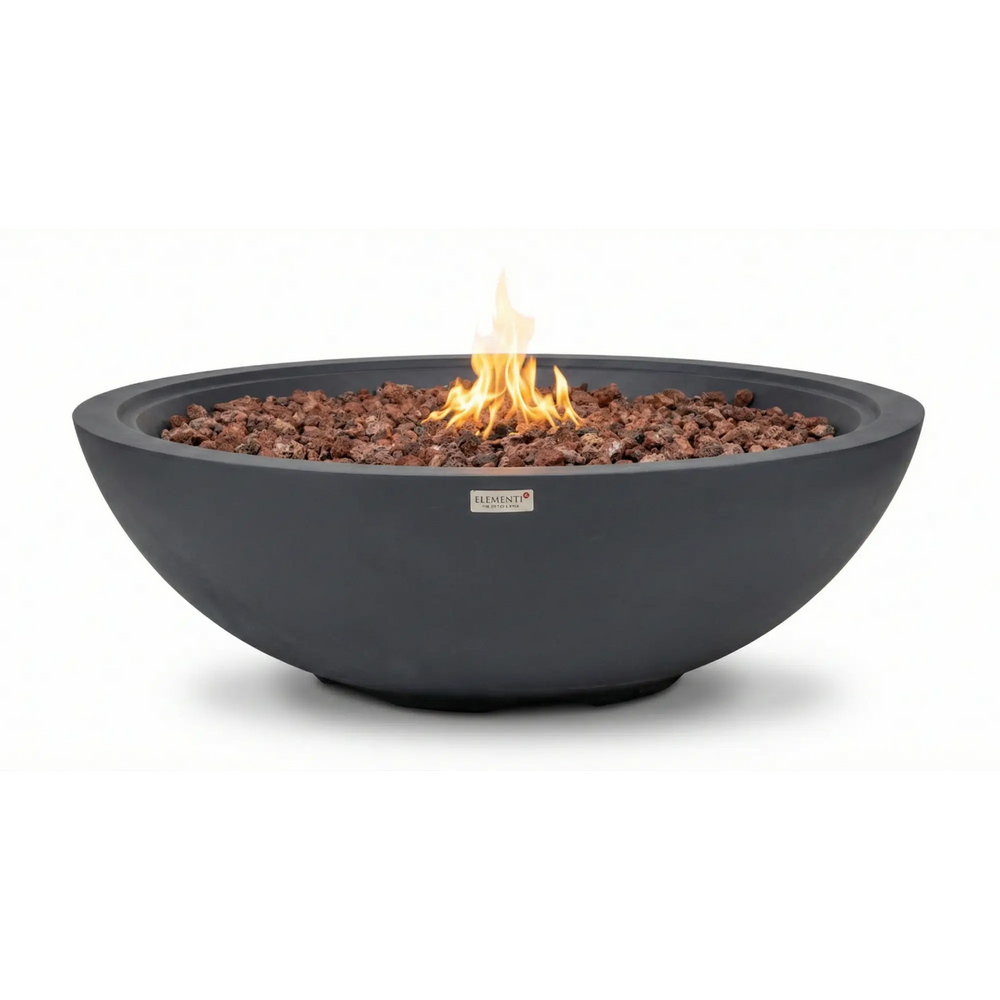 Dark grey gas fire bowl with vibrant flames — large round fire bowl ideal for outdoor entertaining and patio centerpieces