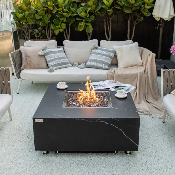 Elementi Plus marble porcelain fire pit coffee table in Bulgaria Black — premium rectangular outdoor fire pit coffee table with hidden propane storage