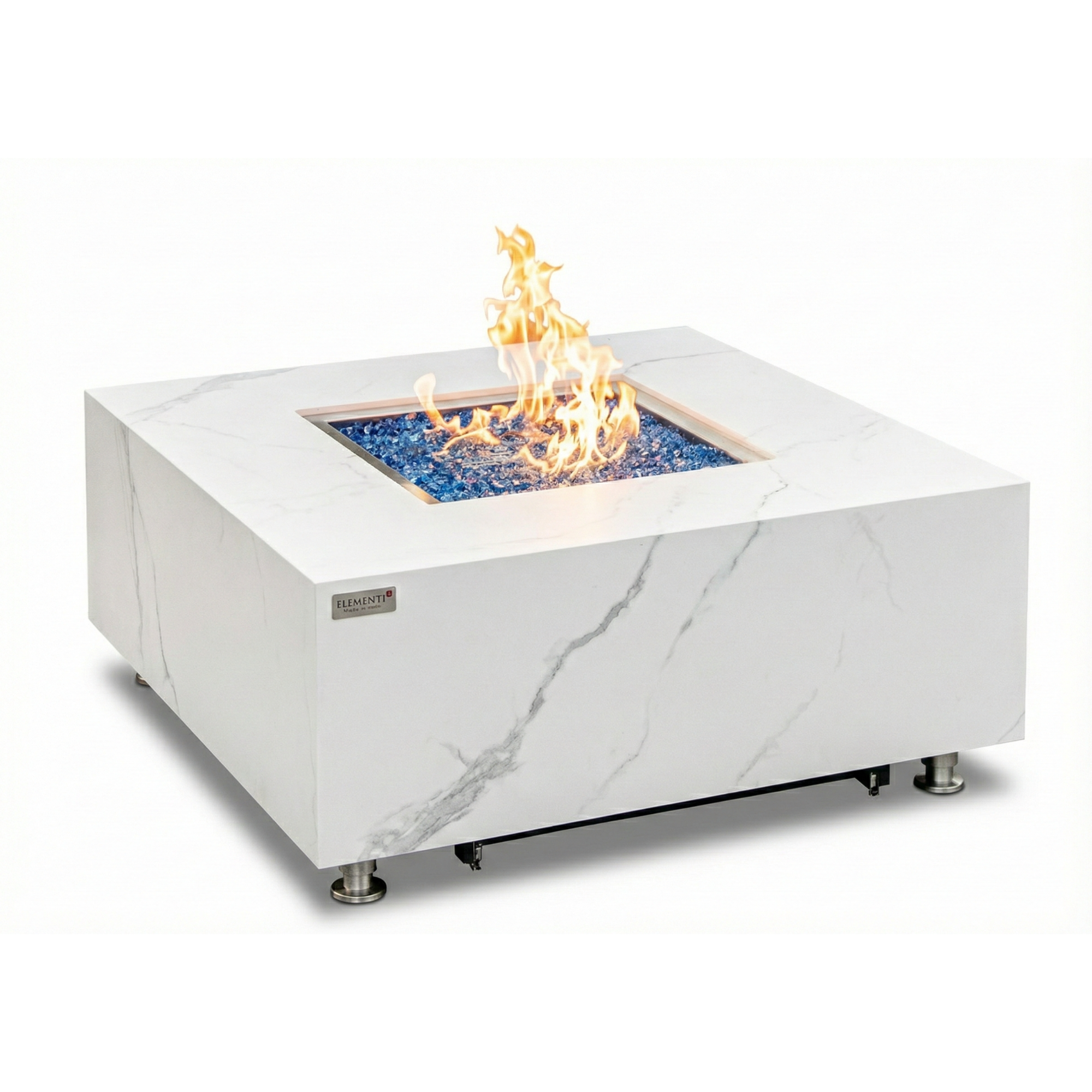 White marble-patterned fire pit table with flames on a white background