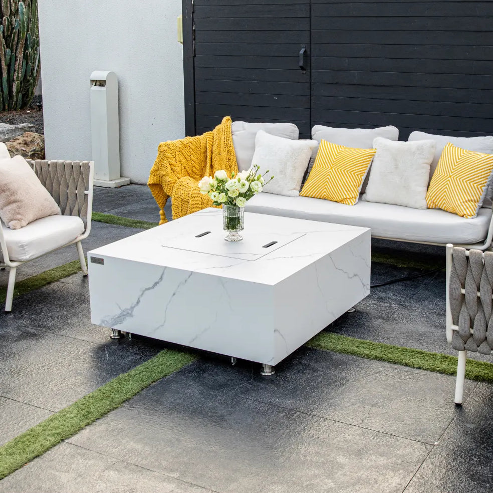 Bianco 40″ Square Marble Porcelain Gas Fire Table – Elementi Plus