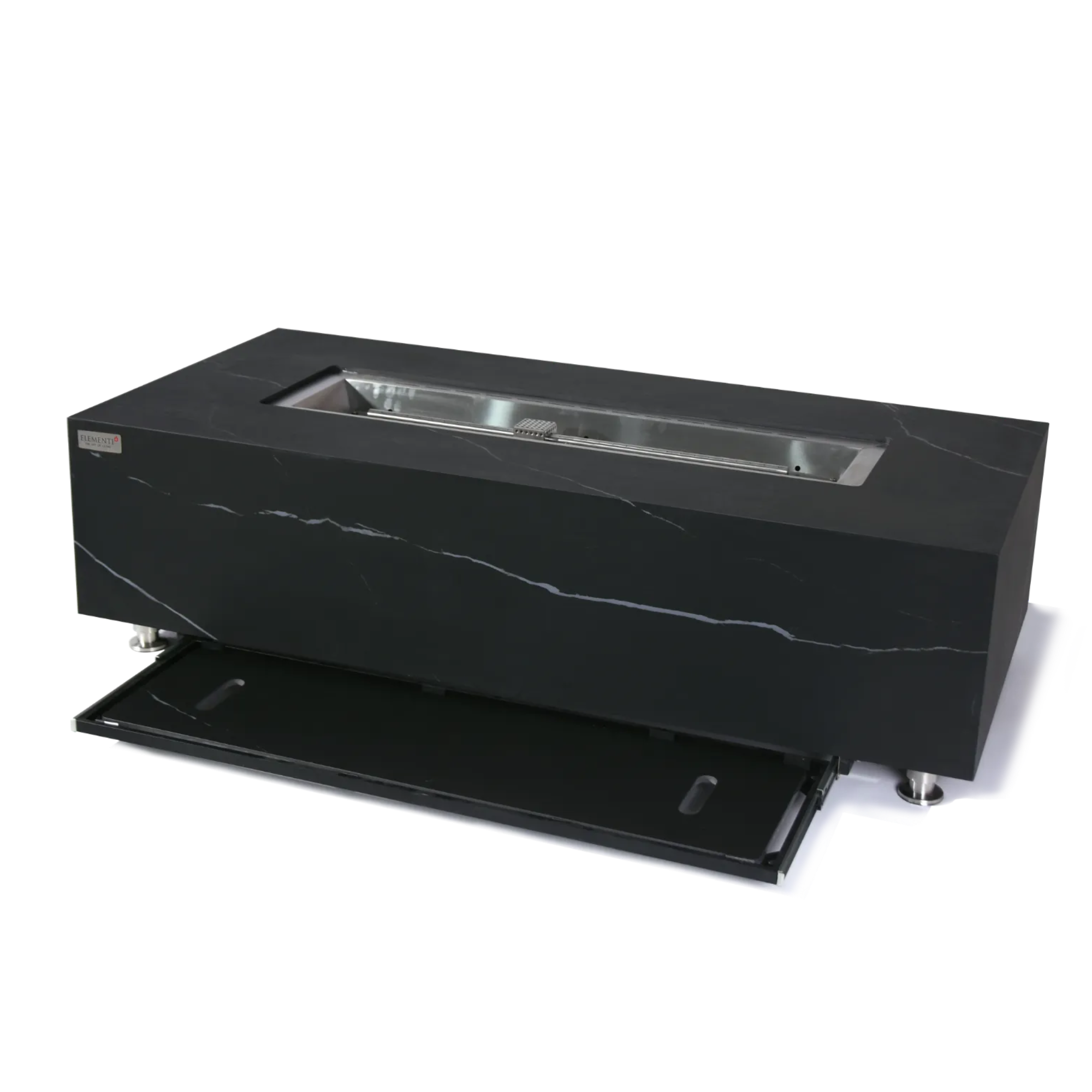 Black rectangular fire pit table on a white background