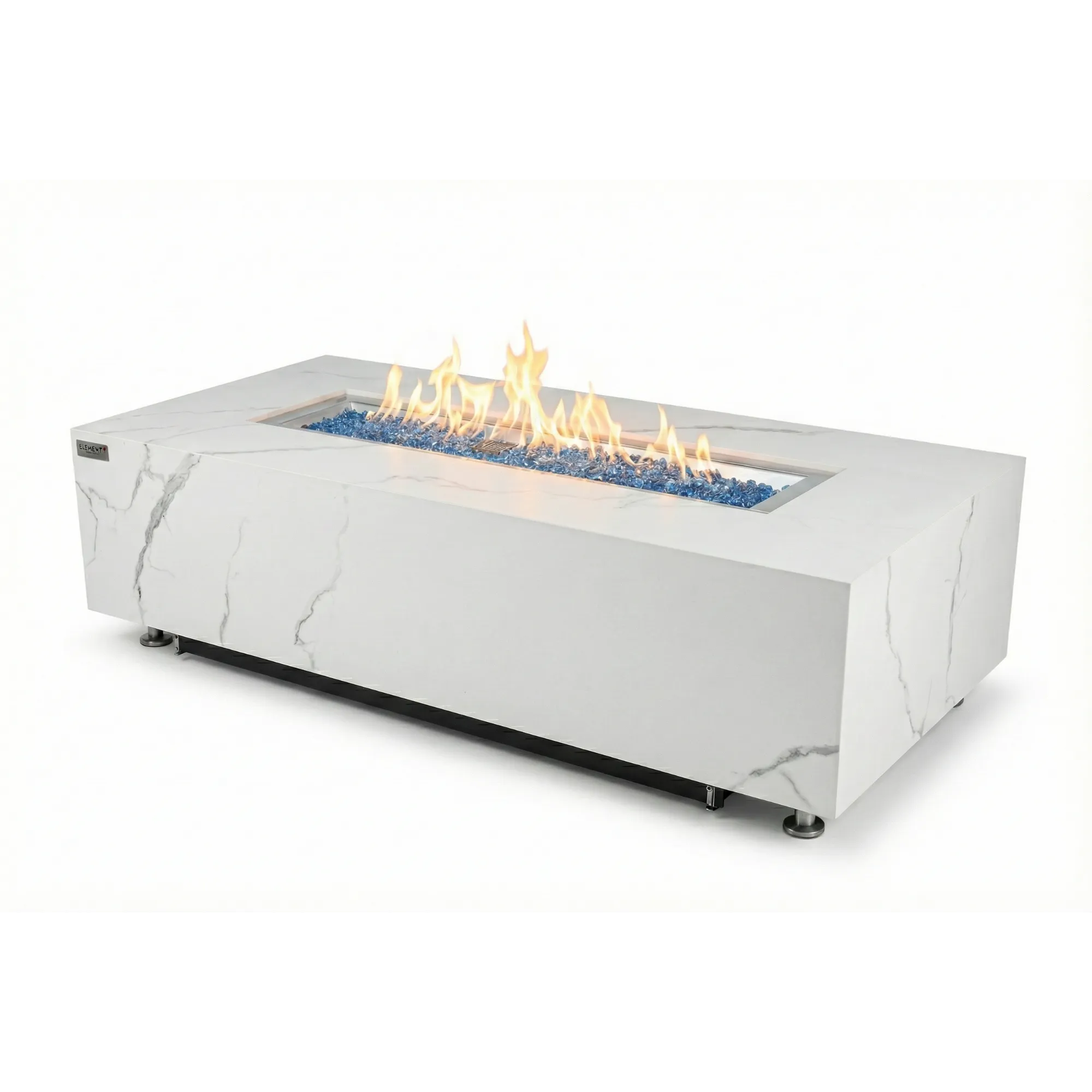 White marble-patterned fire pit table with flames on a white background