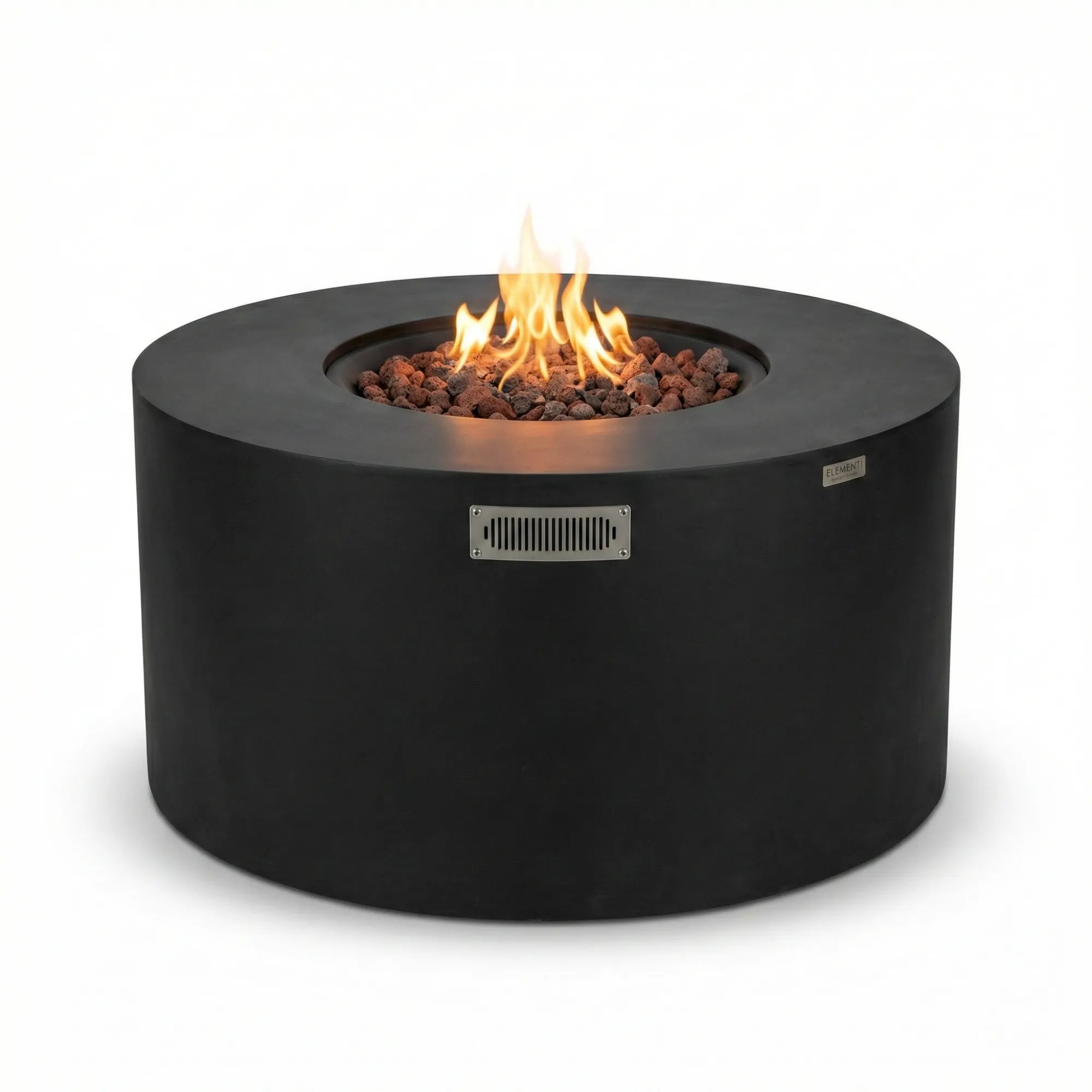 Black round fire pit with flames on a white background