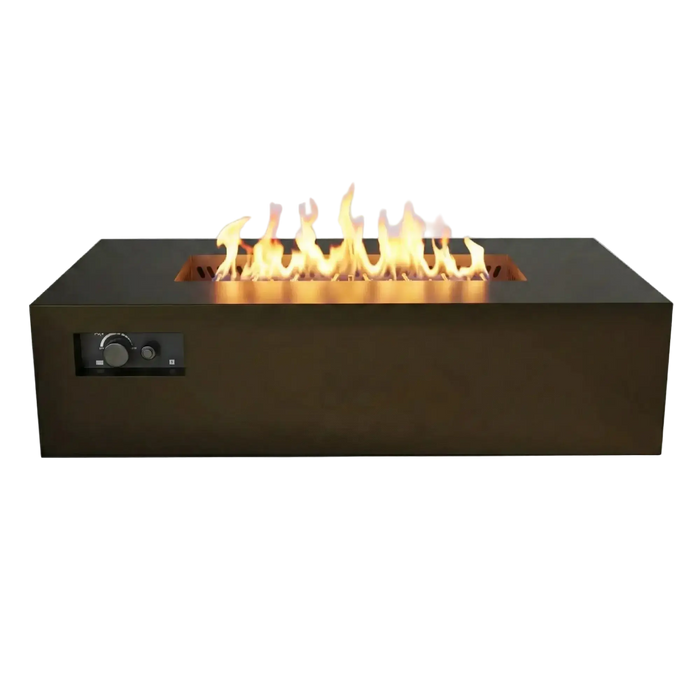 Round 60-inch bronze fire pit with lid showing golden flames — large circular gas fire pit table for outdoor gatherings