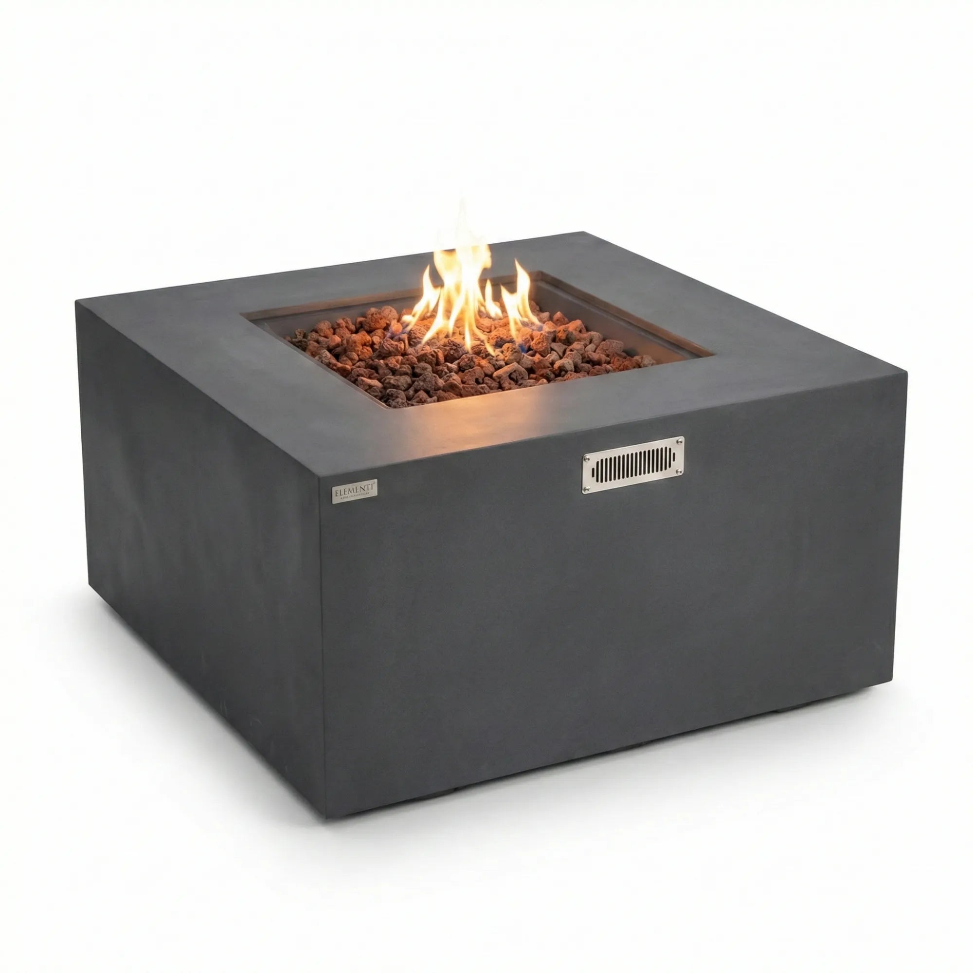 Square fire pit table with flames on a white background
