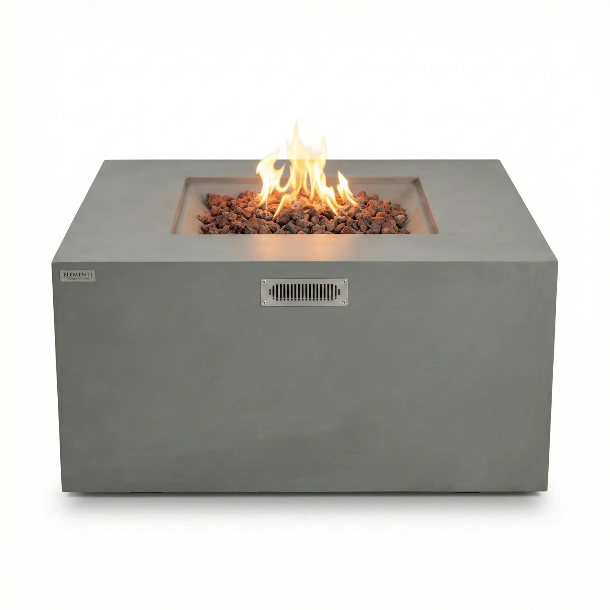 Concrete fire pit table with flames on a white background