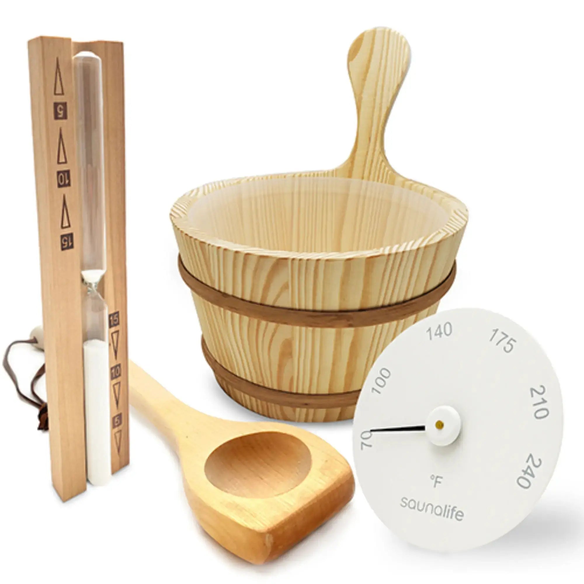 SaunaLife Essentials Set 1 Wood Sauna Bucket and Ladle Set with Sand Timer and White Thermometer SaunaLife