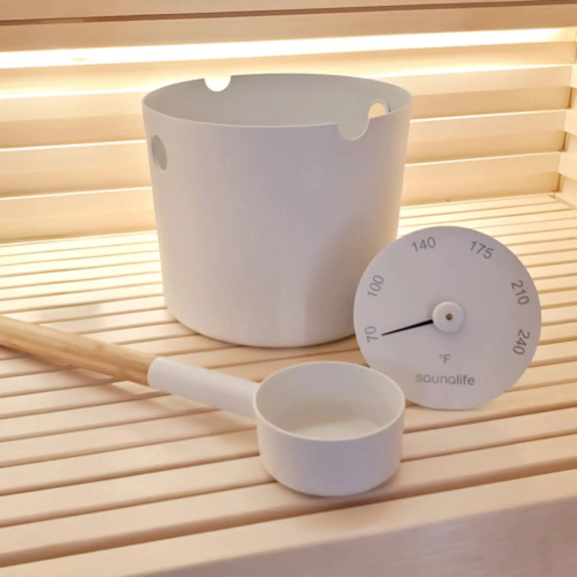 SaunaLife Essentials Set 6 Aluminum 1-Gallon Sauna Bucket Set with Wood Ladle and Thermometer SaunaLife