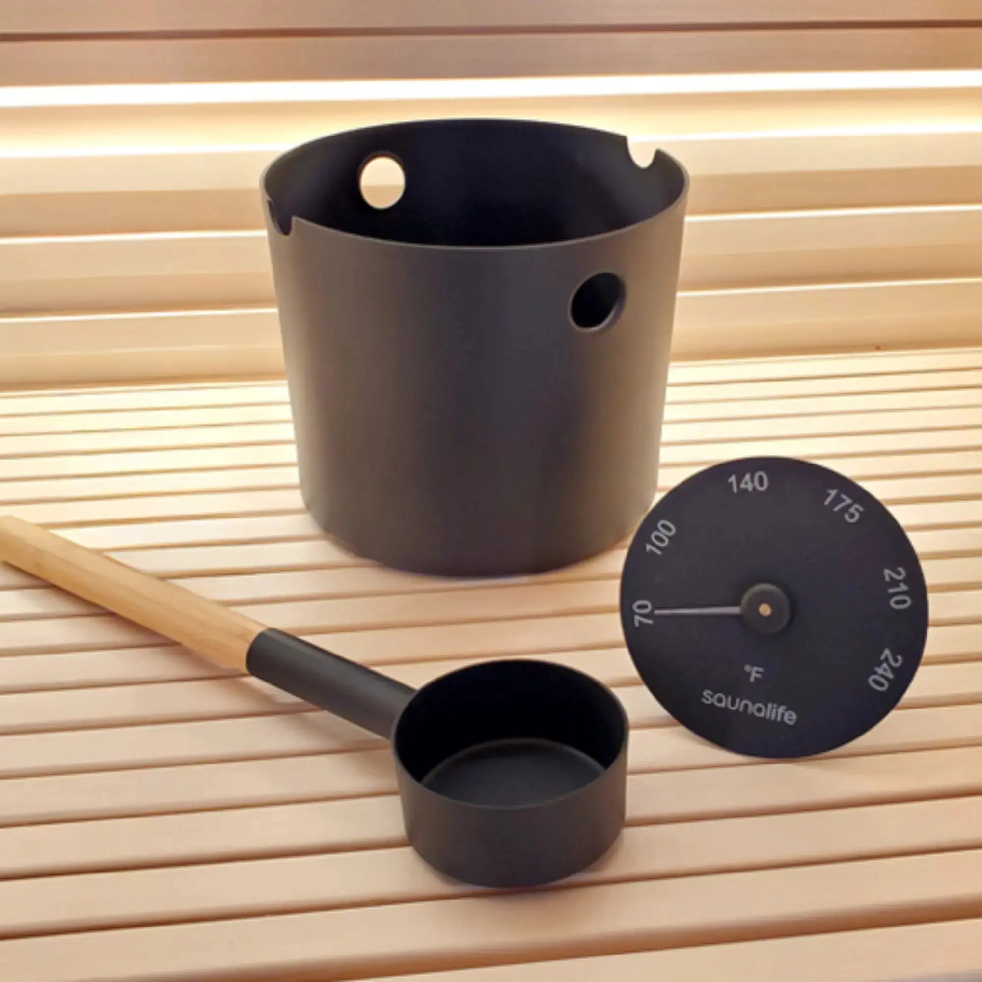 SaunaLife Essentials Set 6 Aluminum 1-Gallon Sauna Bucket Set with Wood Ladle and Thermometer SaunaLife