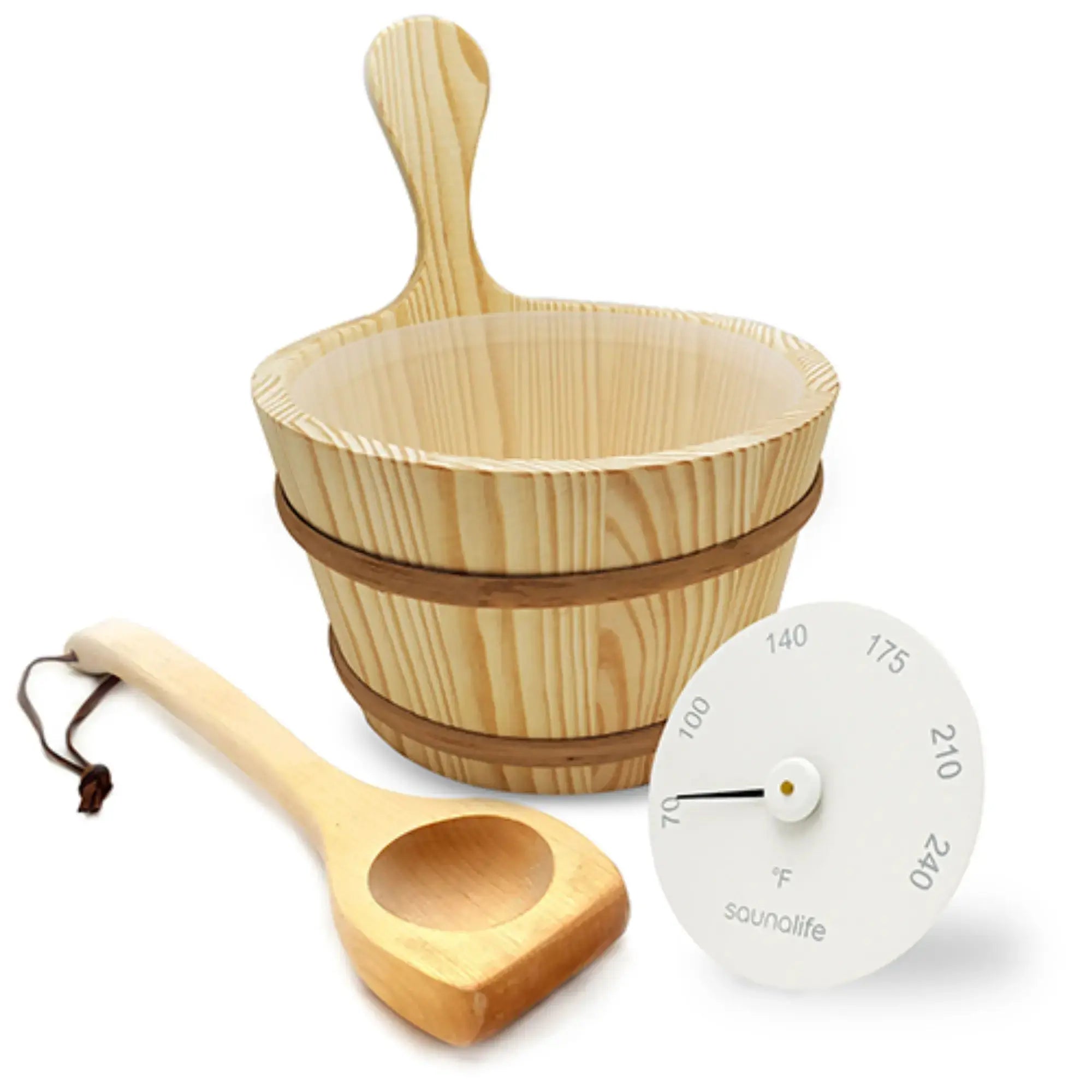 SaunaLife Essentials Set 4 Wood Sauna Bucket and Ladle Set with Thermometer SaunaLife