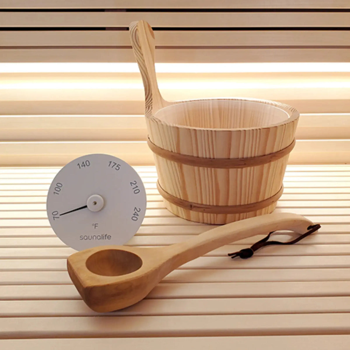 SaunaLife Essentials Set 4 Wood Sauna Bucket and Ladle Set with Thermometer SaunaLife