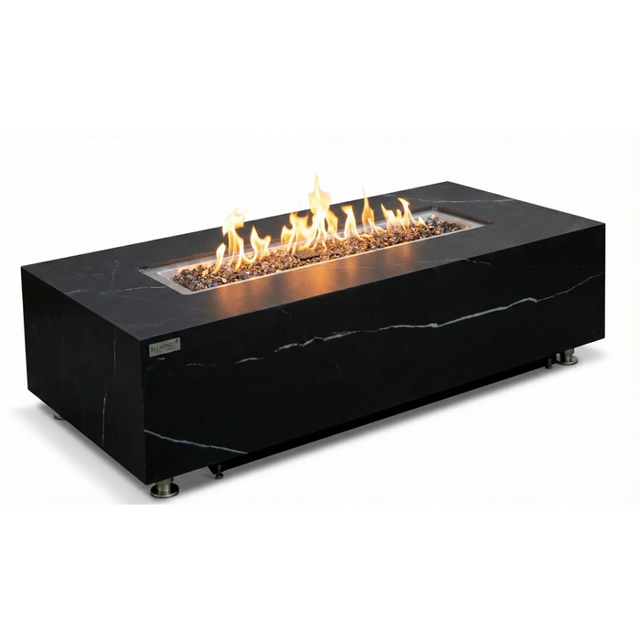 Elementi Plus Varna large fire pit table in Bulgaria Black marble porcelain with dramatic flames — premium large rectangular fire pit table for outdoor entertaining
