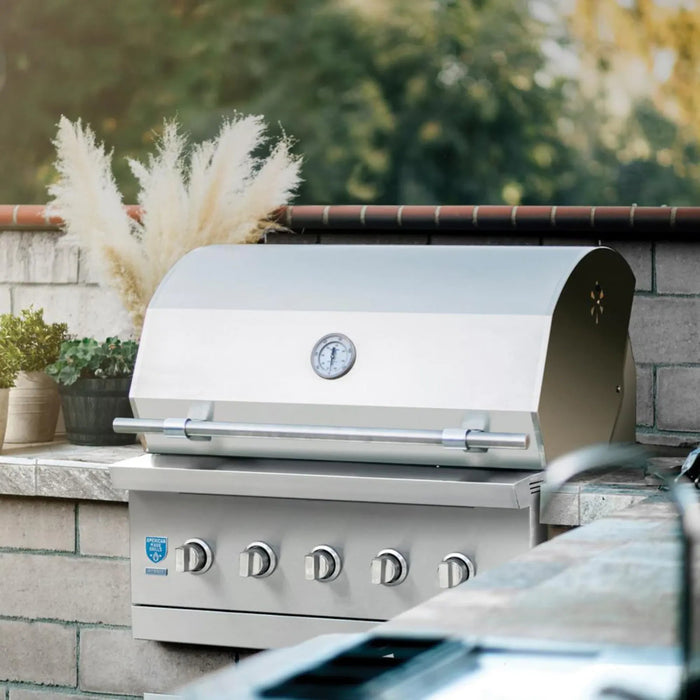 American Made Grills hybrid charcoal and gas combo grill built into an outdoor kitchen