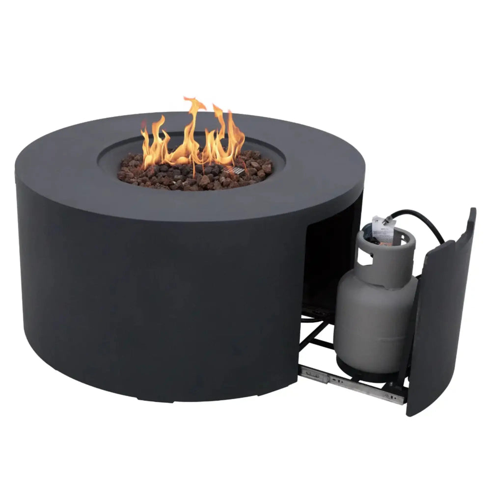 Elementi Pacaya round fire pit with hidden tank storage in dark grey — modern gas fire pit featuring a concealed propane tank compartment